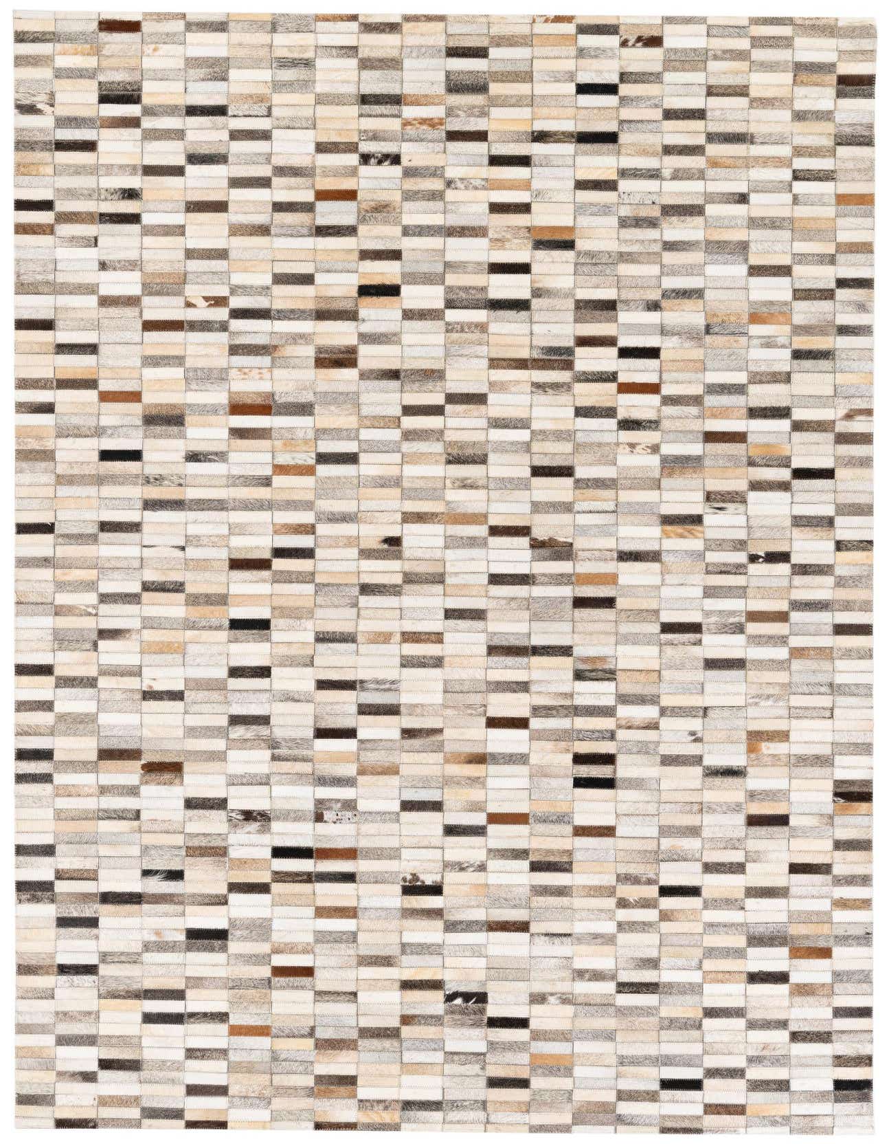 A 5x8 rectangular Cowhide Stocks rug by Rugs.com, featuring a modern patchwork of multi-colored cowhide and leather squares.