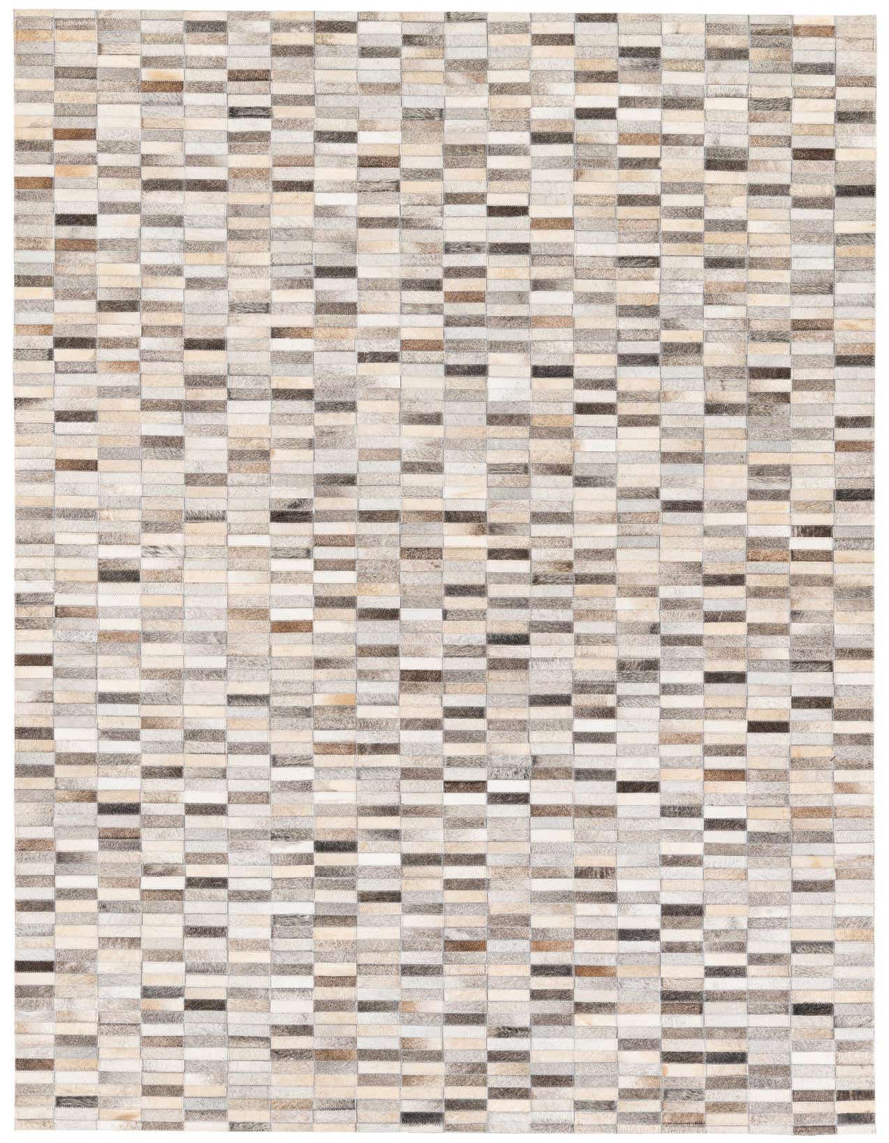 A rectangular 5x8 modern cowhide rug featuring a patchwork of multi-colored natural hide squares in varying shades of brown, beige, and gray.