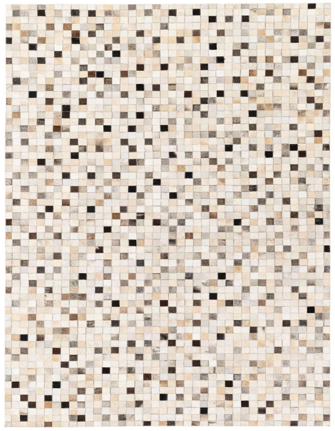 A 5x8 rectangular Cowhide Stocks rug featuring a modern patchwork of multi-colored cowhide squares in various natural tones.