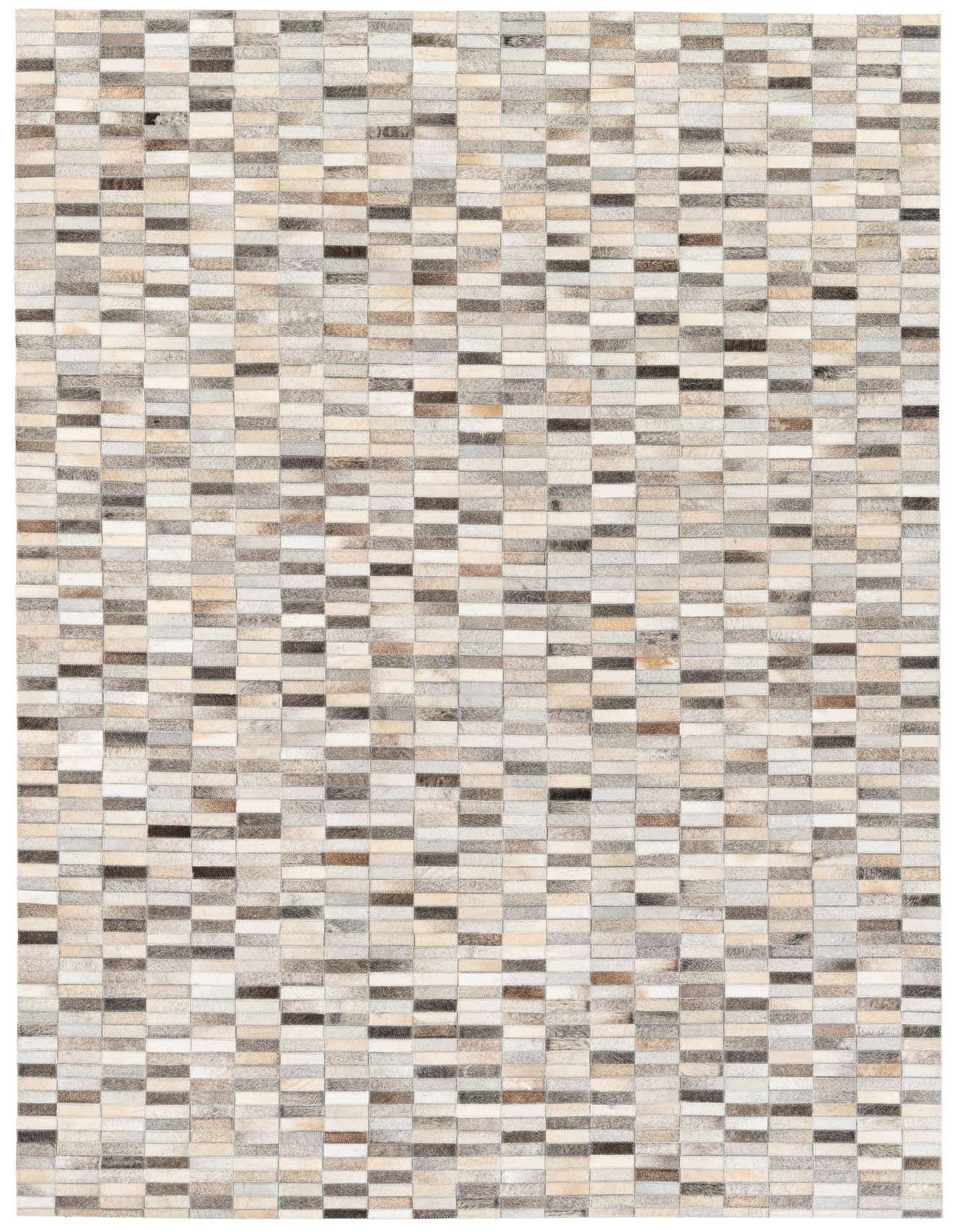 A 5x8 rectangular Cowhide Stocks rug by Rugs.com, featuring a modern stripe pattern of multi-colored cowhide patches in varying shades of brown, grey, and cream.