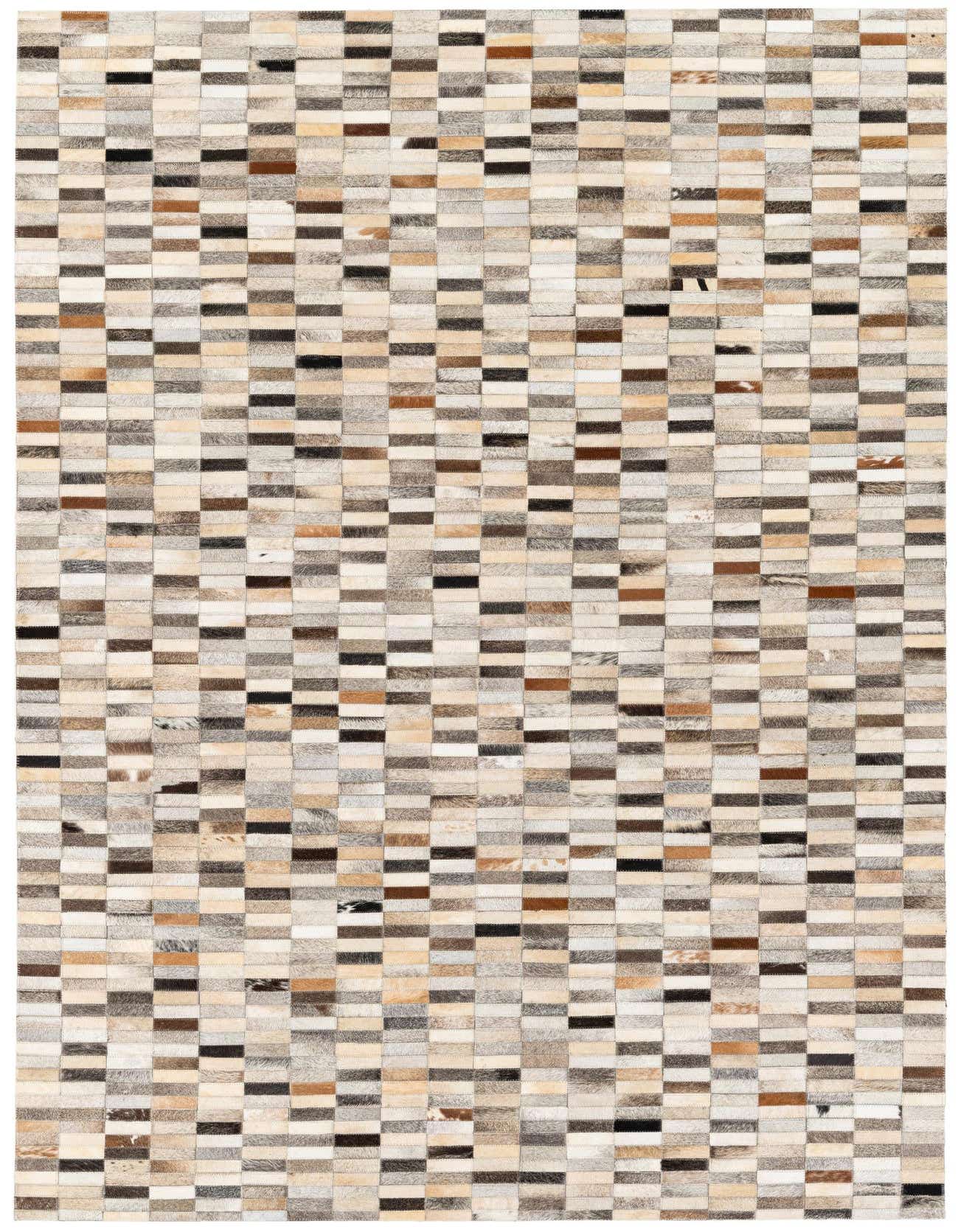 A rectangular 5x8 modern Cowhide Stocks rug from Rugs.com, featuring a multi-colored patchwork of natural cowhide squares in various shades of brown, beige, and gray.