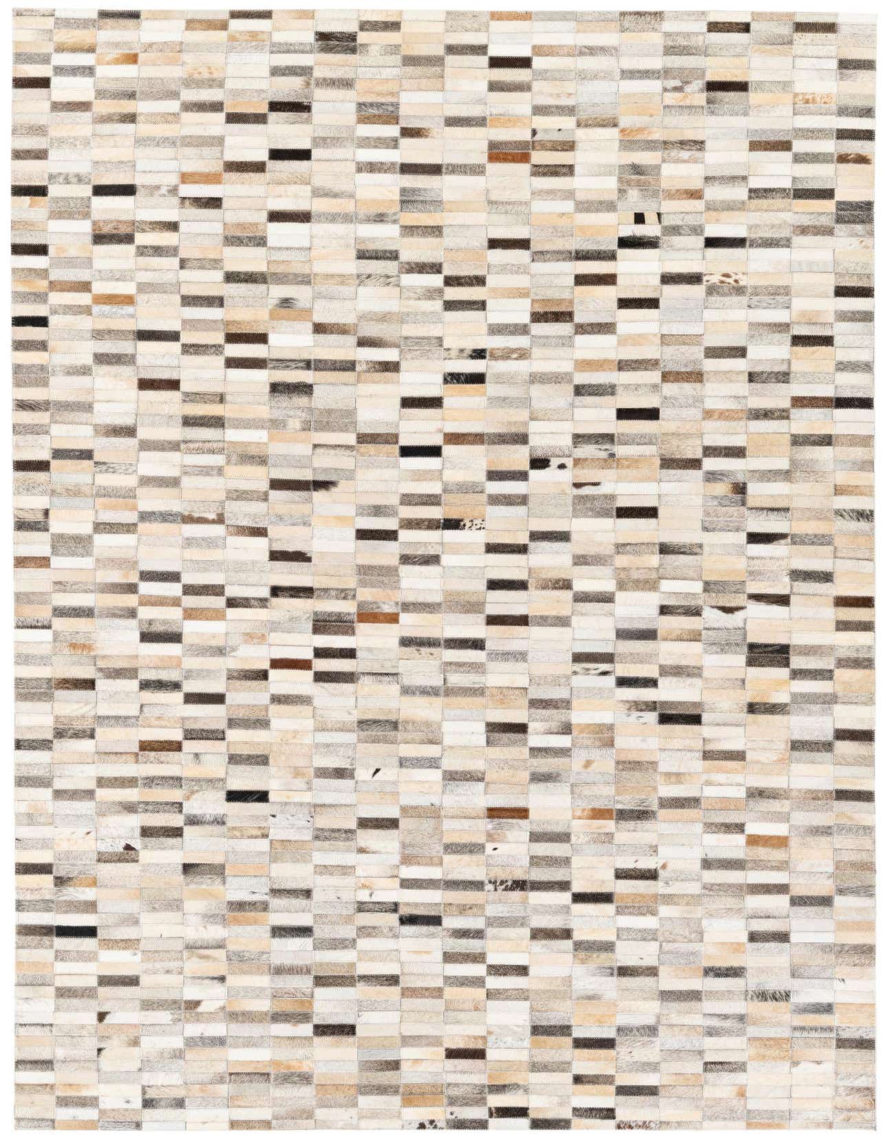 A 5x8 rectangular Cowhide Stocks rug featuring a modern stripe pattern in multi-colored patches of natural cowhide and leather.