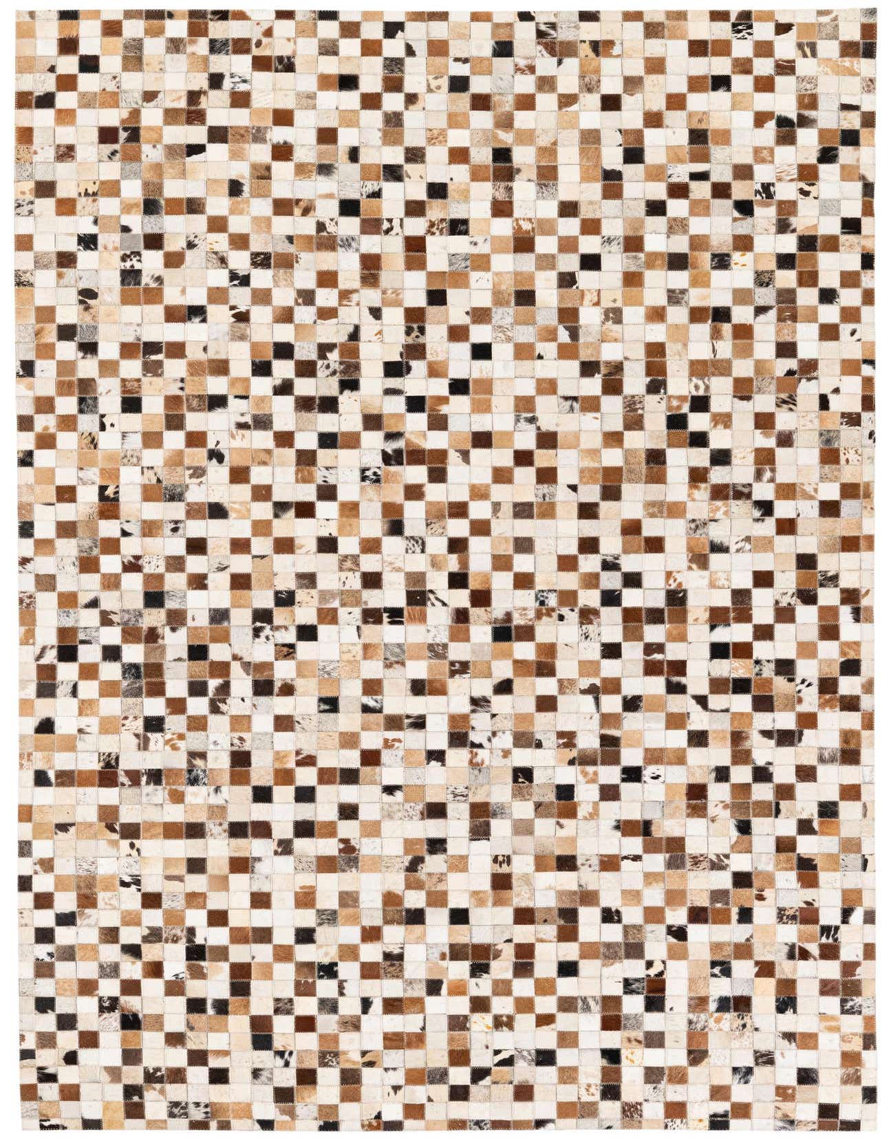 A rectangular 5x8 modern rug made from multi-colored cowhide and leather patches in a checkerboard pattern.