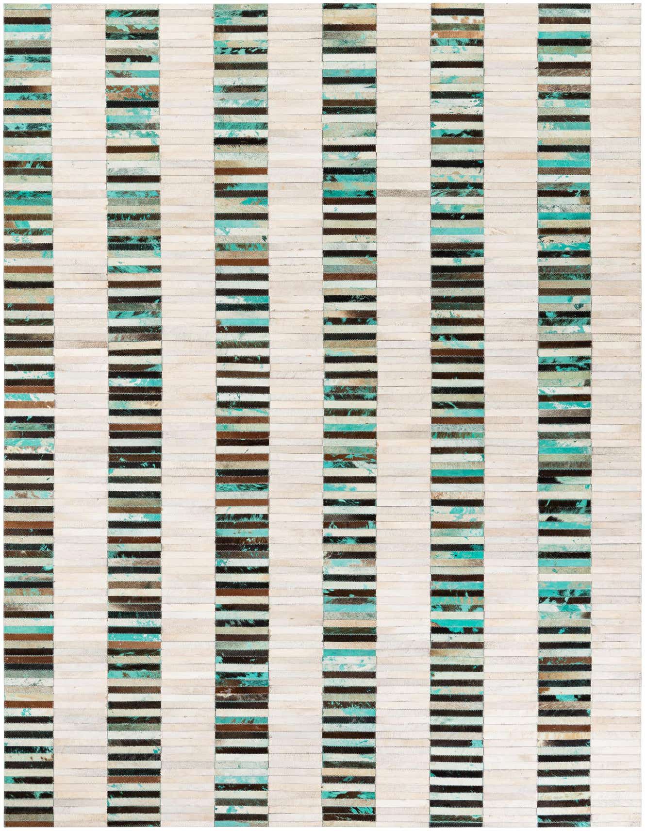 A 6x9 rectangular patchwork cowhide rug featuring vertical stripes of white, brown, black, and teal patches.