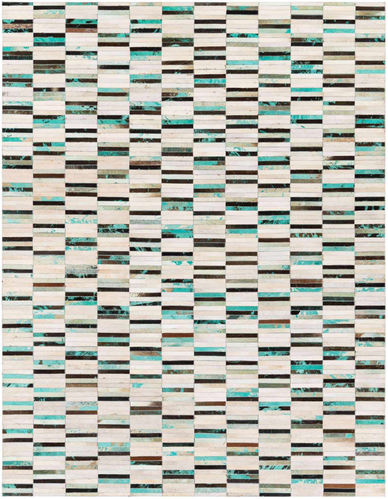 A rectangular 6x9 modern cowhide rug featuring a multi-colored patchwork design with white, teal, brown, and black strips.