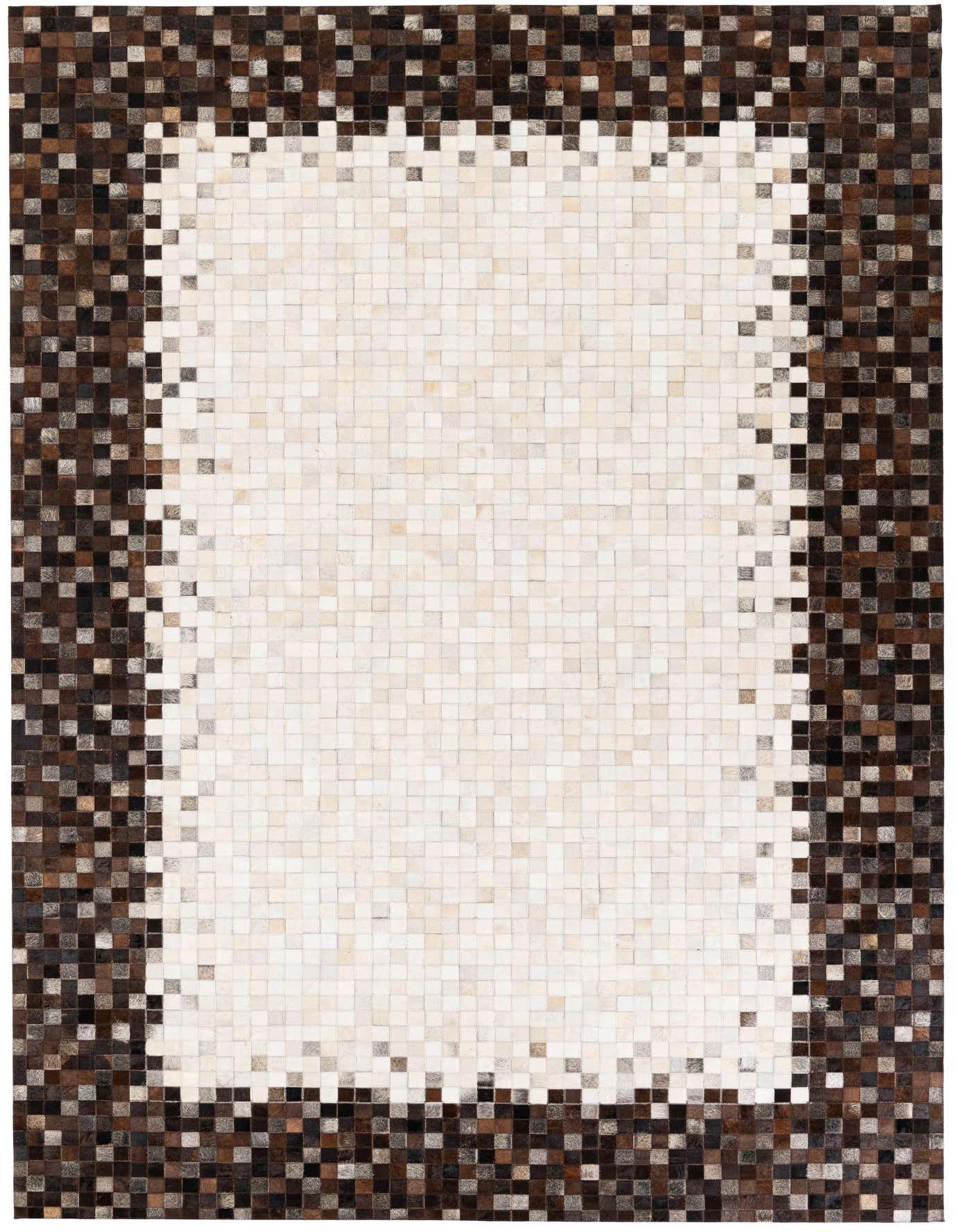 A rectangular 7x10 Cowhide Stocks rug featuring a modern pattern of small, multi-colored cowhide squares, with a light center bordered by darker brown tones.