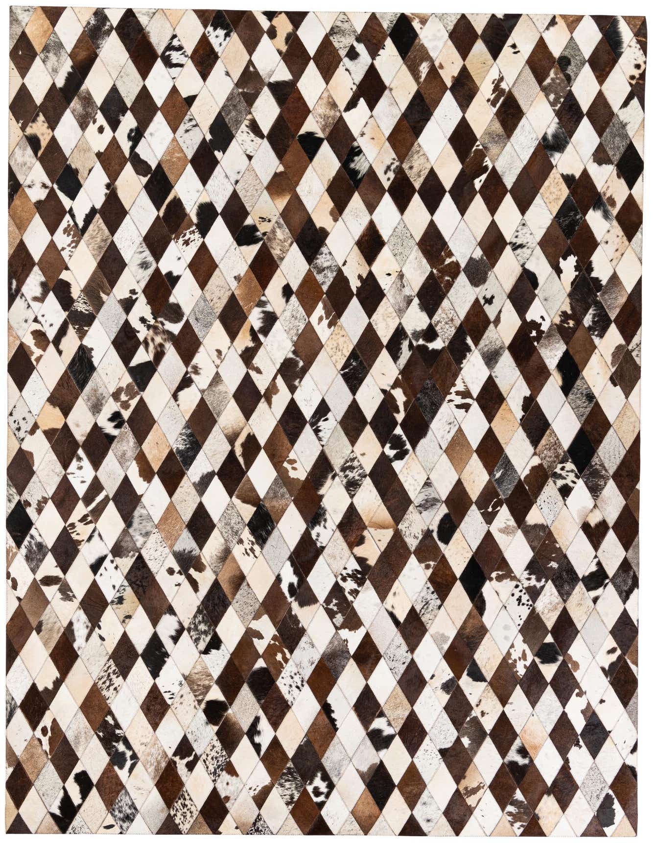 A 7x10 rectangular Cowhide Stocks rug featuring a modern diamond pattern in multi-colored brown, white, and black cowhide patches.