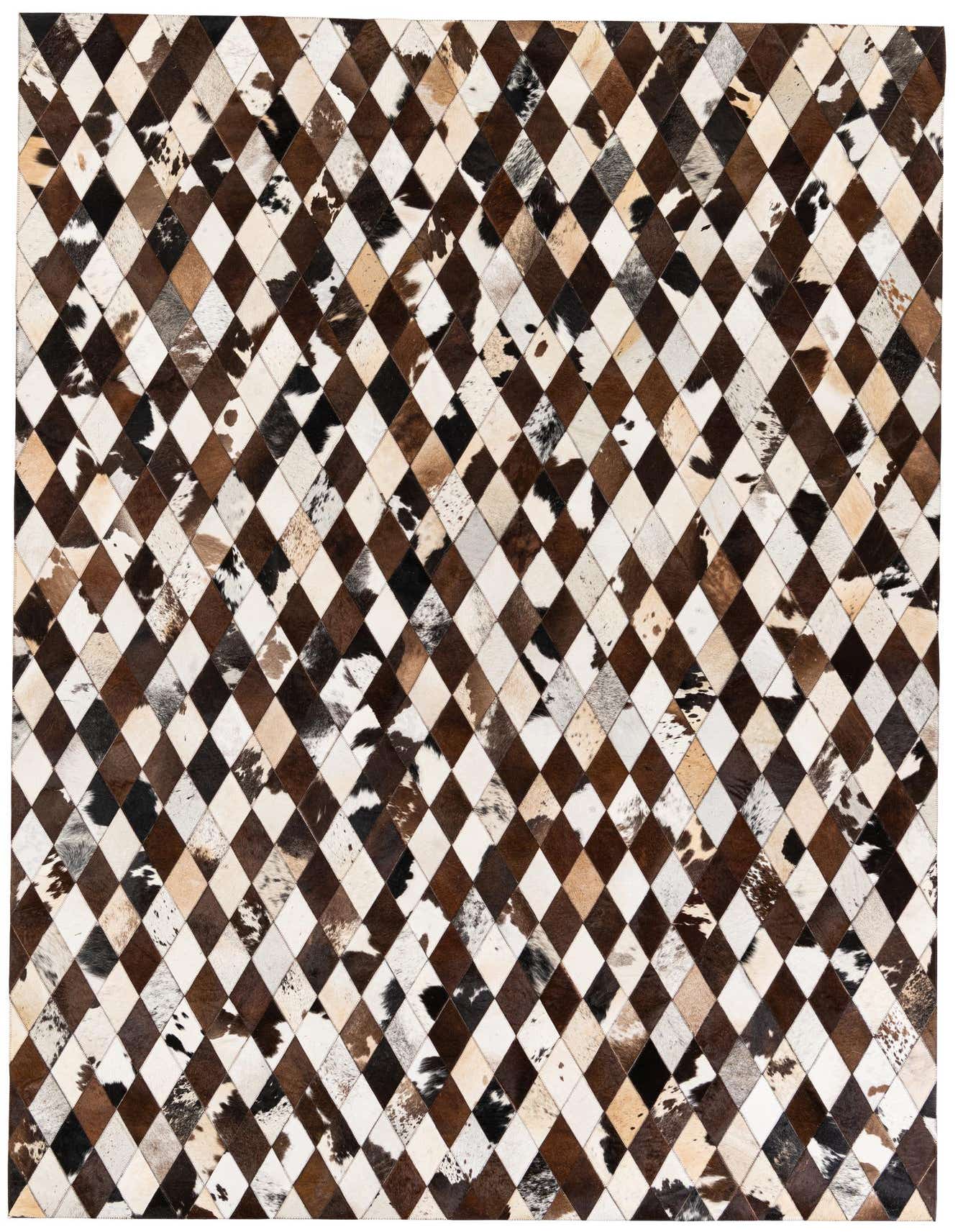 7x10 rectangular Cowhide Stocks rug featuring a modern diamond pattern in multi-colored natural cowhide patches.
