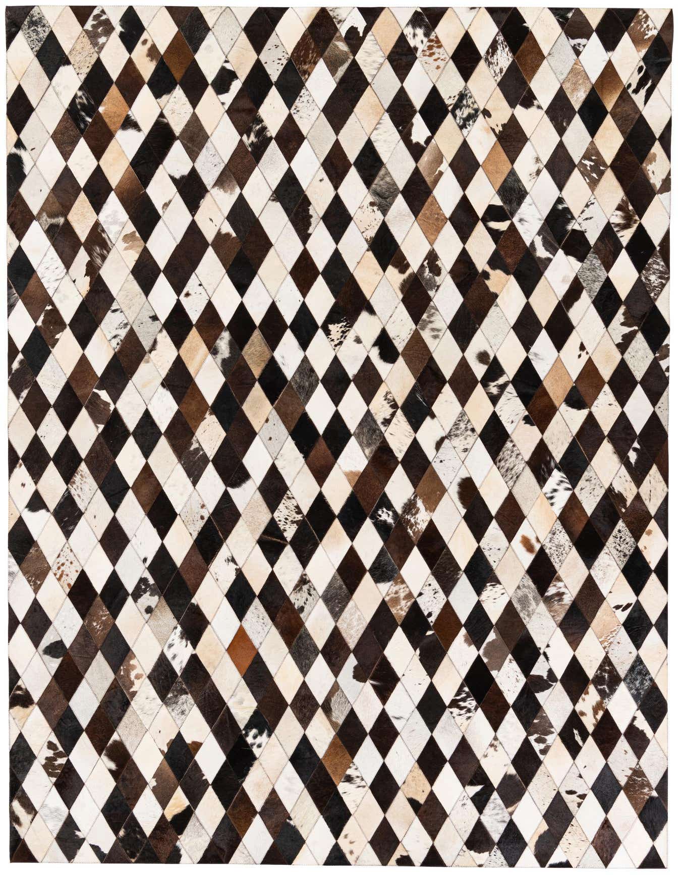 A 7x10 rectangular modern cowhide rug featuring a geometric diamond pattern in multi-colored natural brown, black, and white tones.