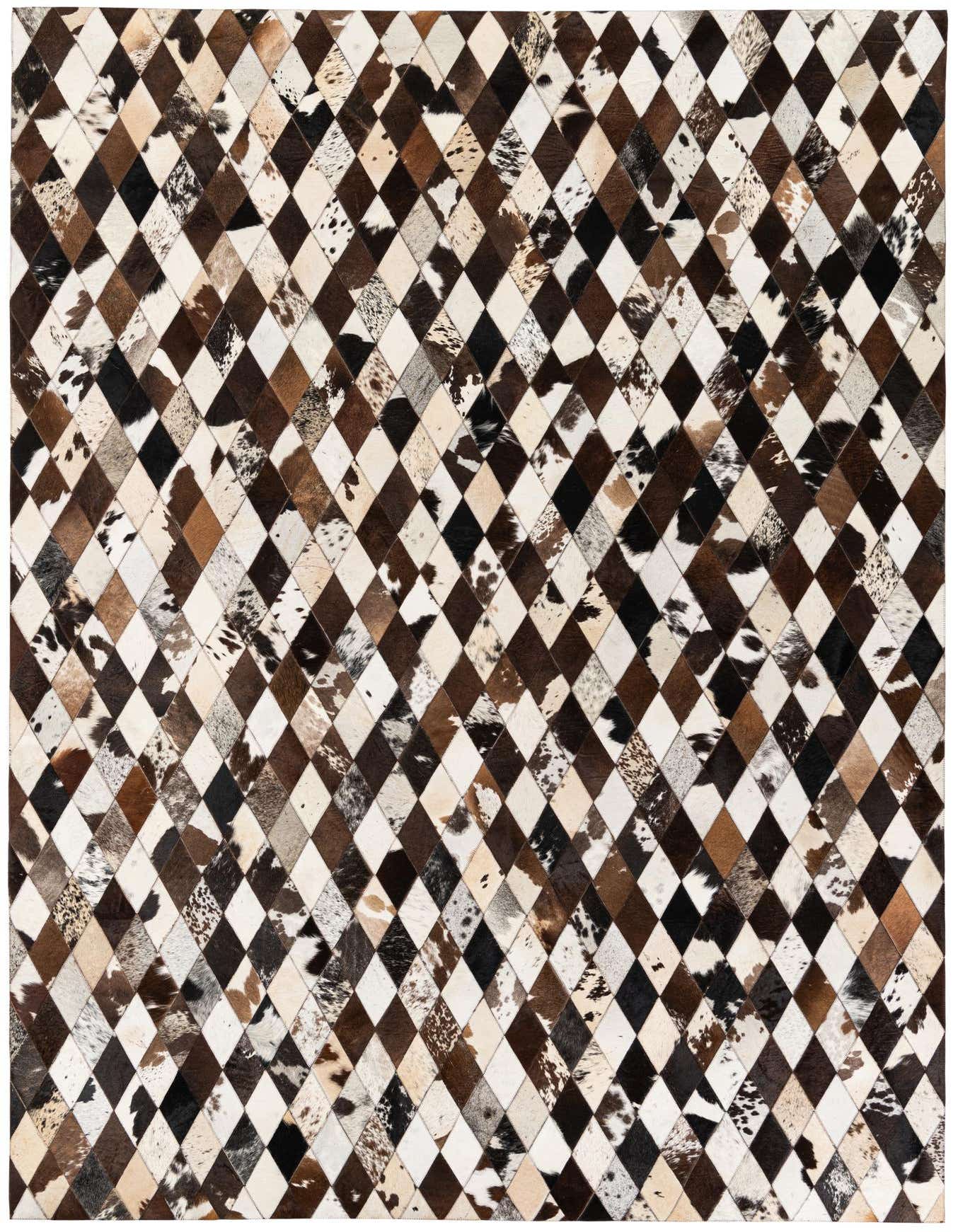 A 7x10 rectangular modern cowhide rug featuring a multi-colored diamond pattern in shades of brown, black, and white.