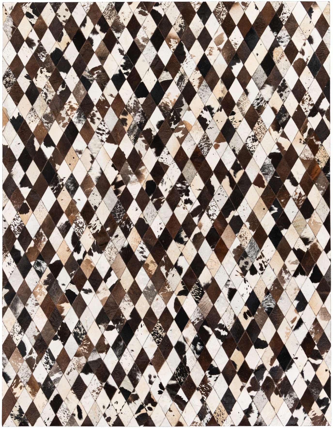 A 7x10 rectangular Cowhide Stocks rug featuring a modern diamond pattern in multi-colored natural cowhide patches.