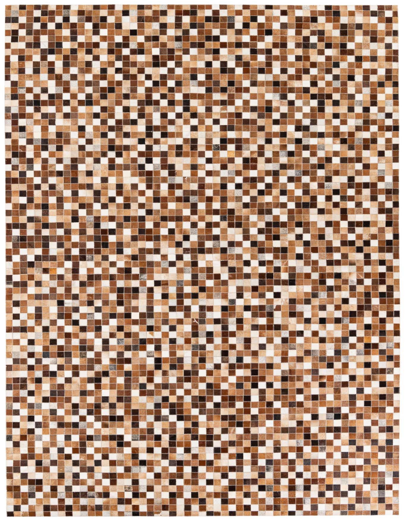 A 7x10 rectangular Cowhide Stocks rug featuring a multi-colored patchwork geometric pattern in shades of brown, black, and white.