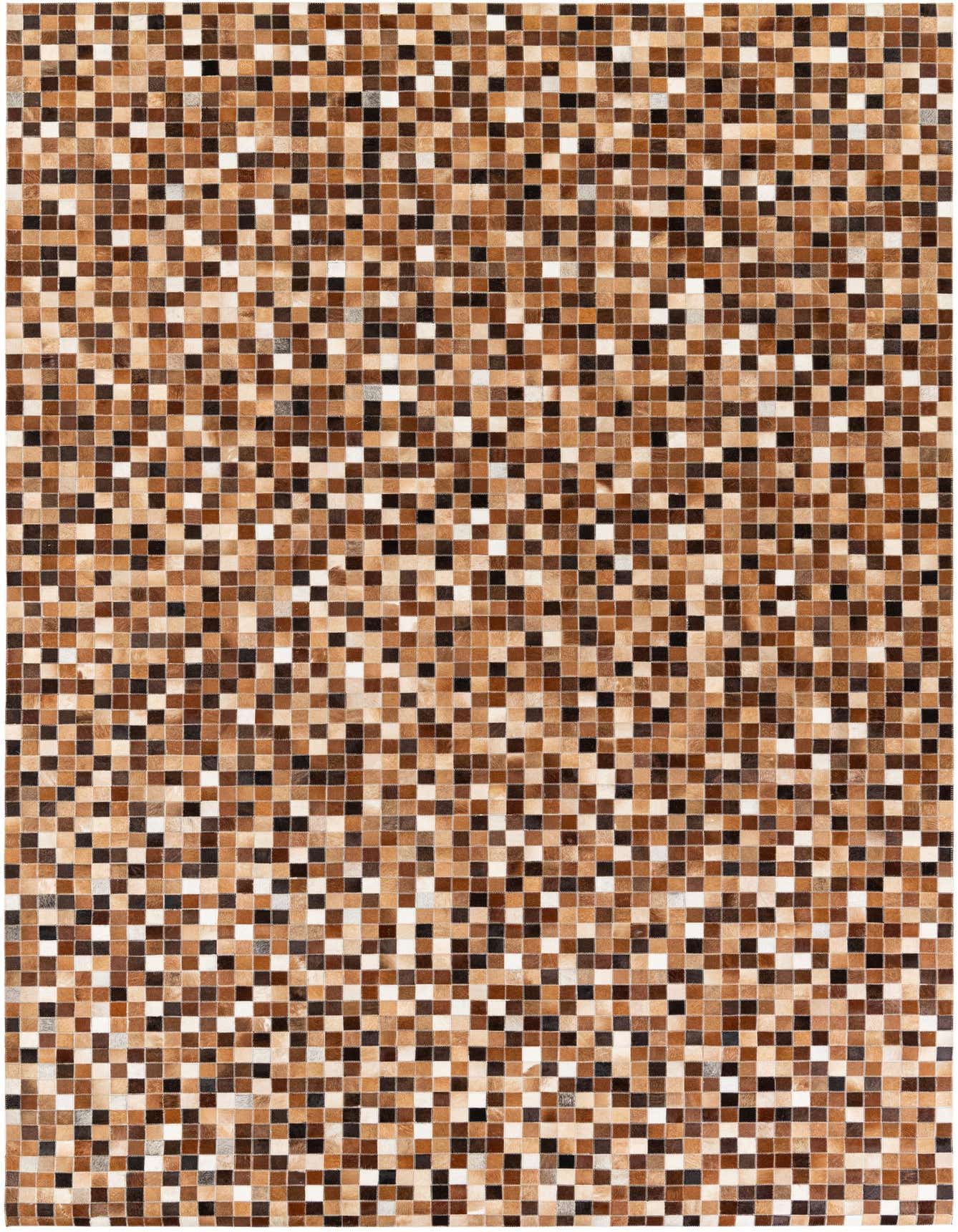 A 7x10 rectangular modern cowhide rug featuring a mosaic pattern of multi-colored squares in various shades of brown, black, and white.