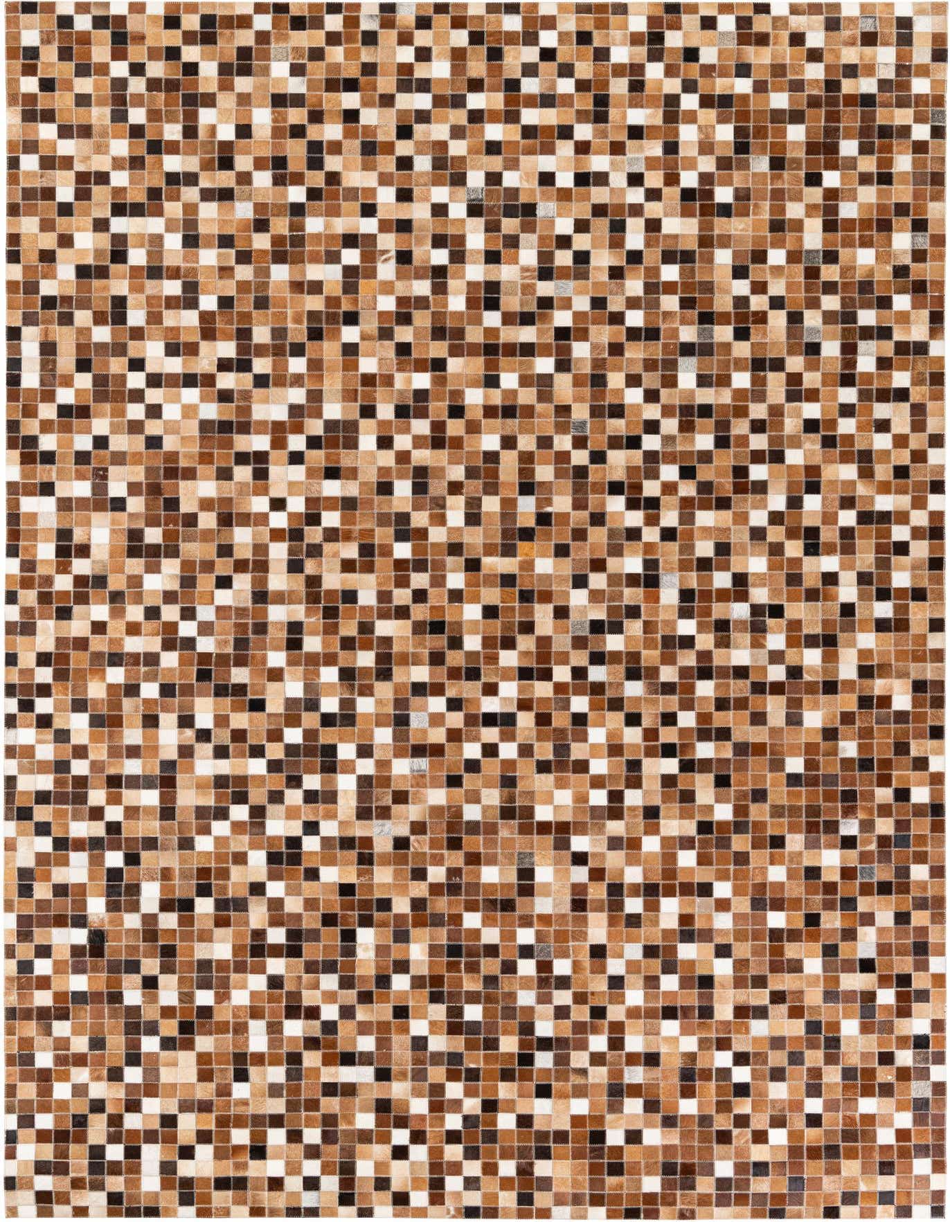 A 7x10 rectangular Cowhide Stocks rug featuring a modern mosaic pattern of multi-colored cowhide and leather squares in various shades of brown, black, and white.