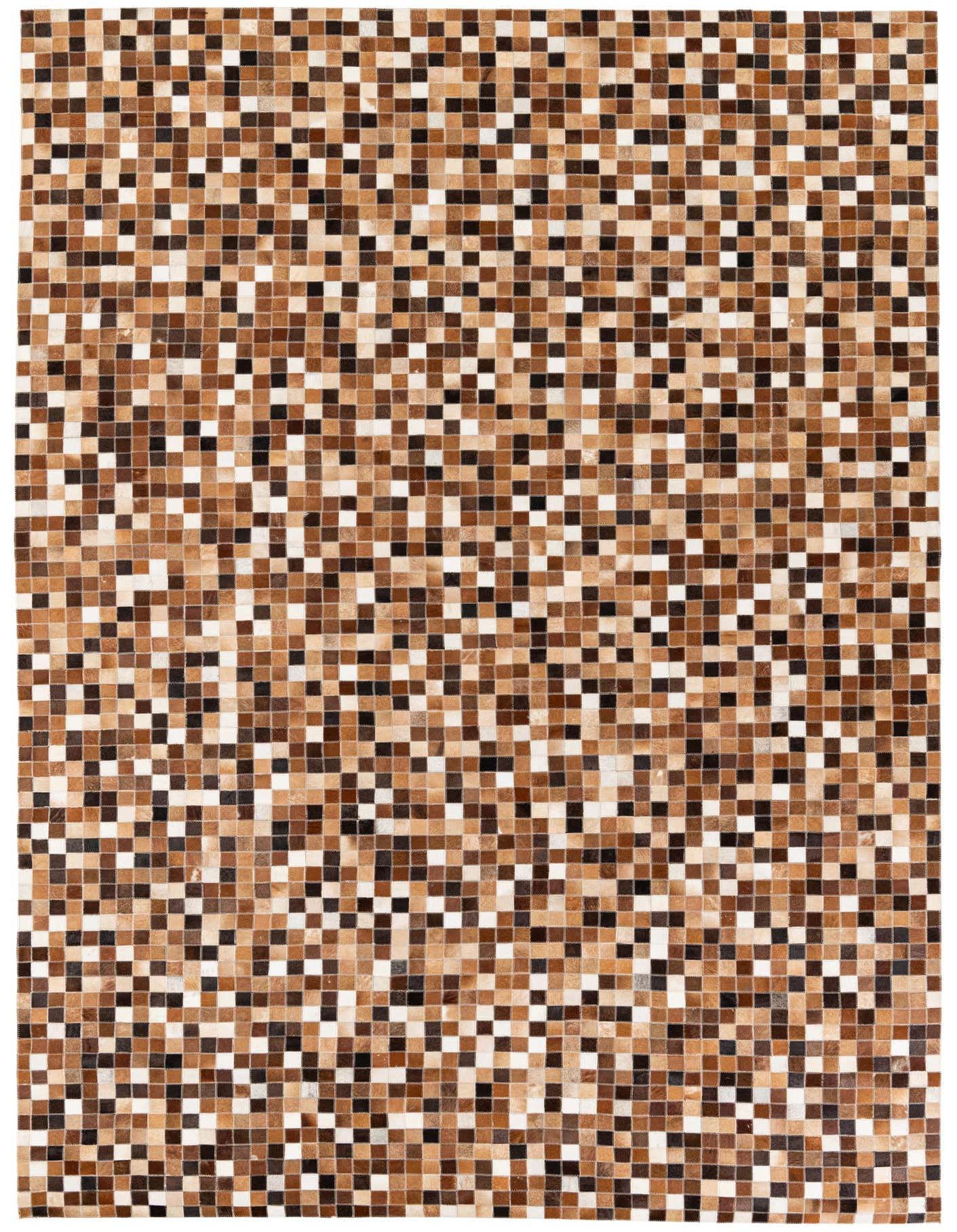 A 7x10 rectangular modern rug featuring a mosaic pattern of small squares in varying shades of brown, black, and white cowhide.