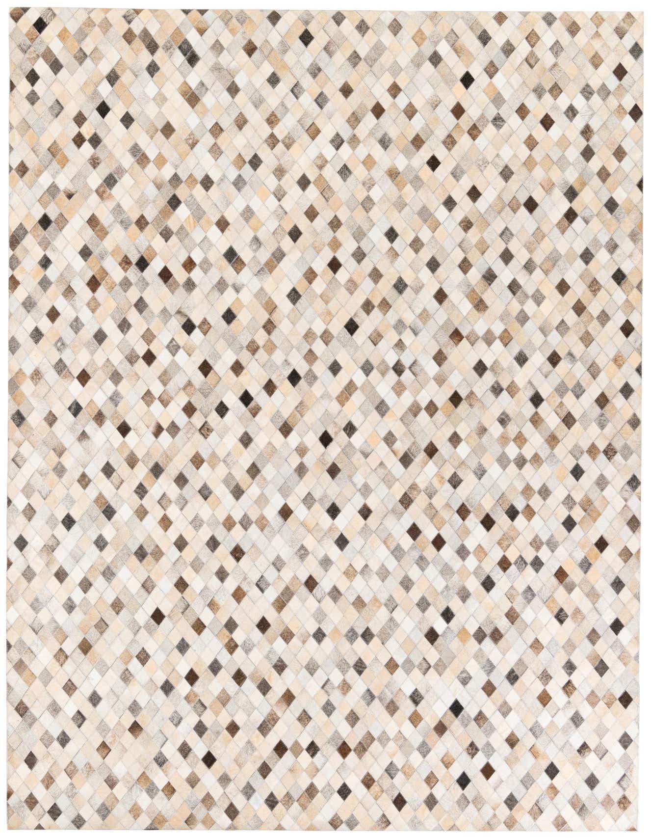 A 7x10 rectangular Cowhide Stocks rug from Rugs.com with a modern multi-colored diamond pattern, featuring shades of brown, beige, and cream.