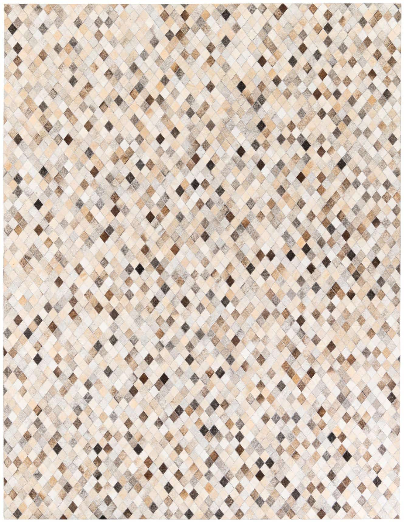 A 7x10 rectangular modern rug made from multi-colored cowhide and leather patches, forming a diamond pattern.