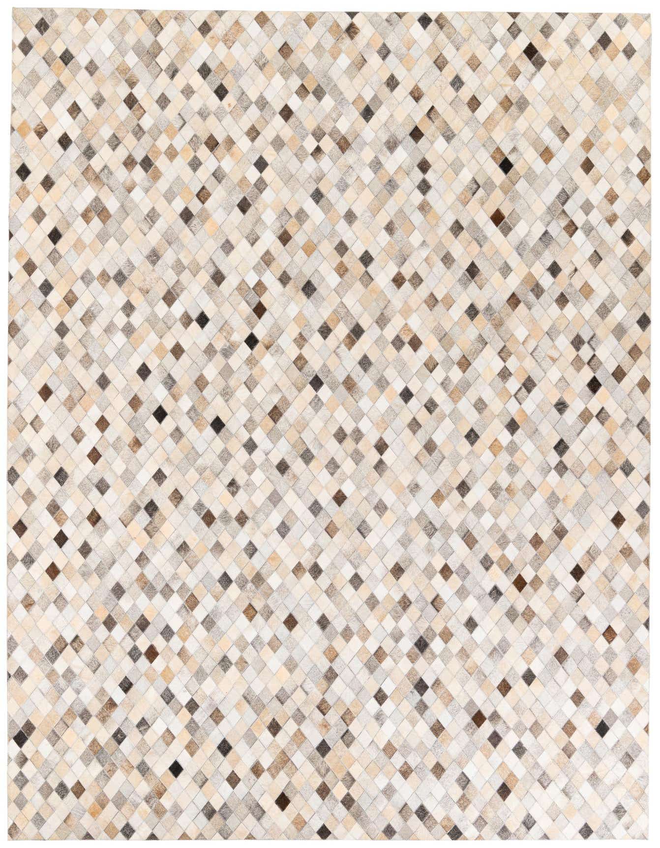 A 7x10 rectangular modern cowhide rug featuring a multi-colored diamond pattern in various shades of brown, beige, and cream.