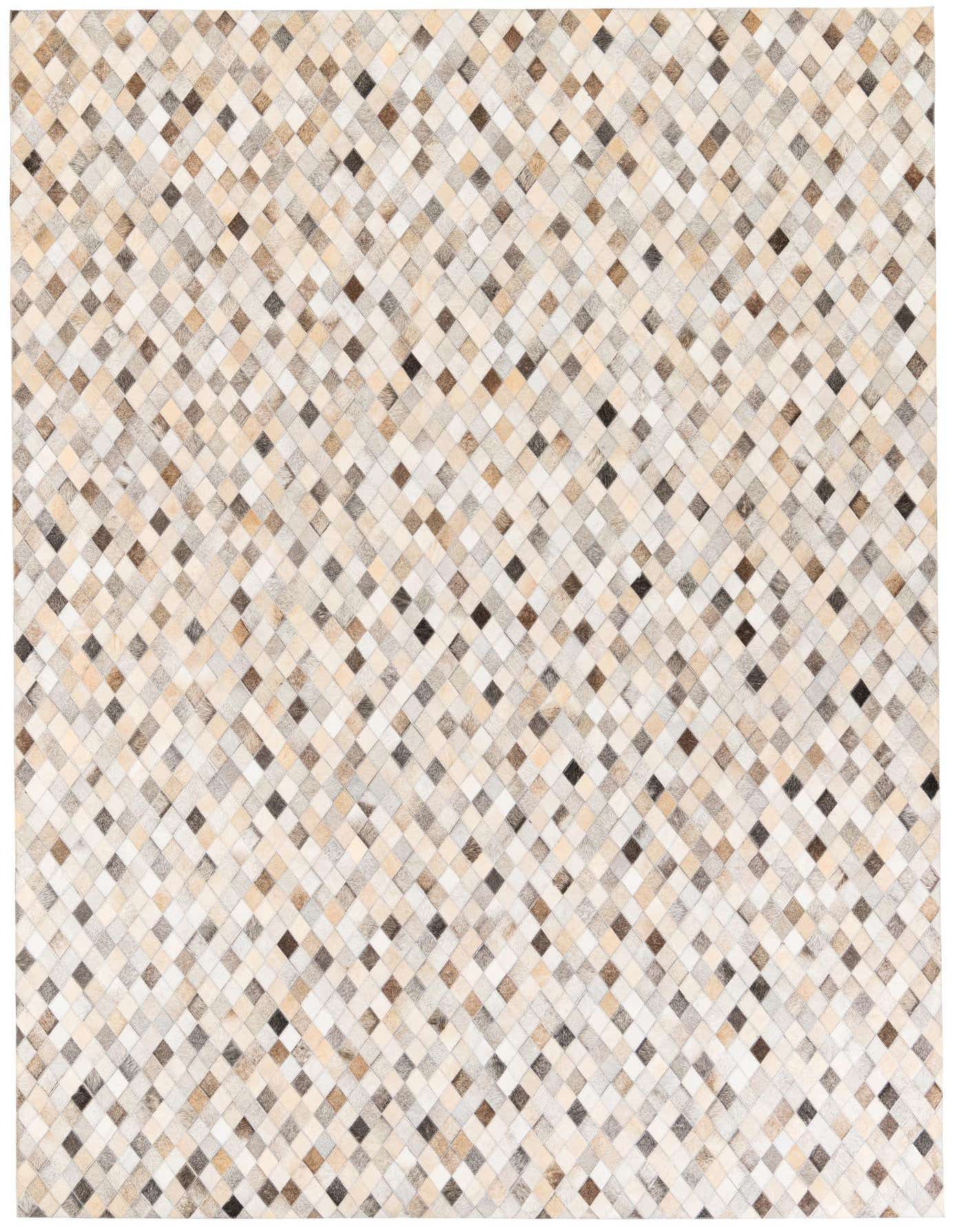 A 7x10 rectangular Cowhide Stocks rug featuring a modern diamond pattern in multi-colored natural cowhide and leather.