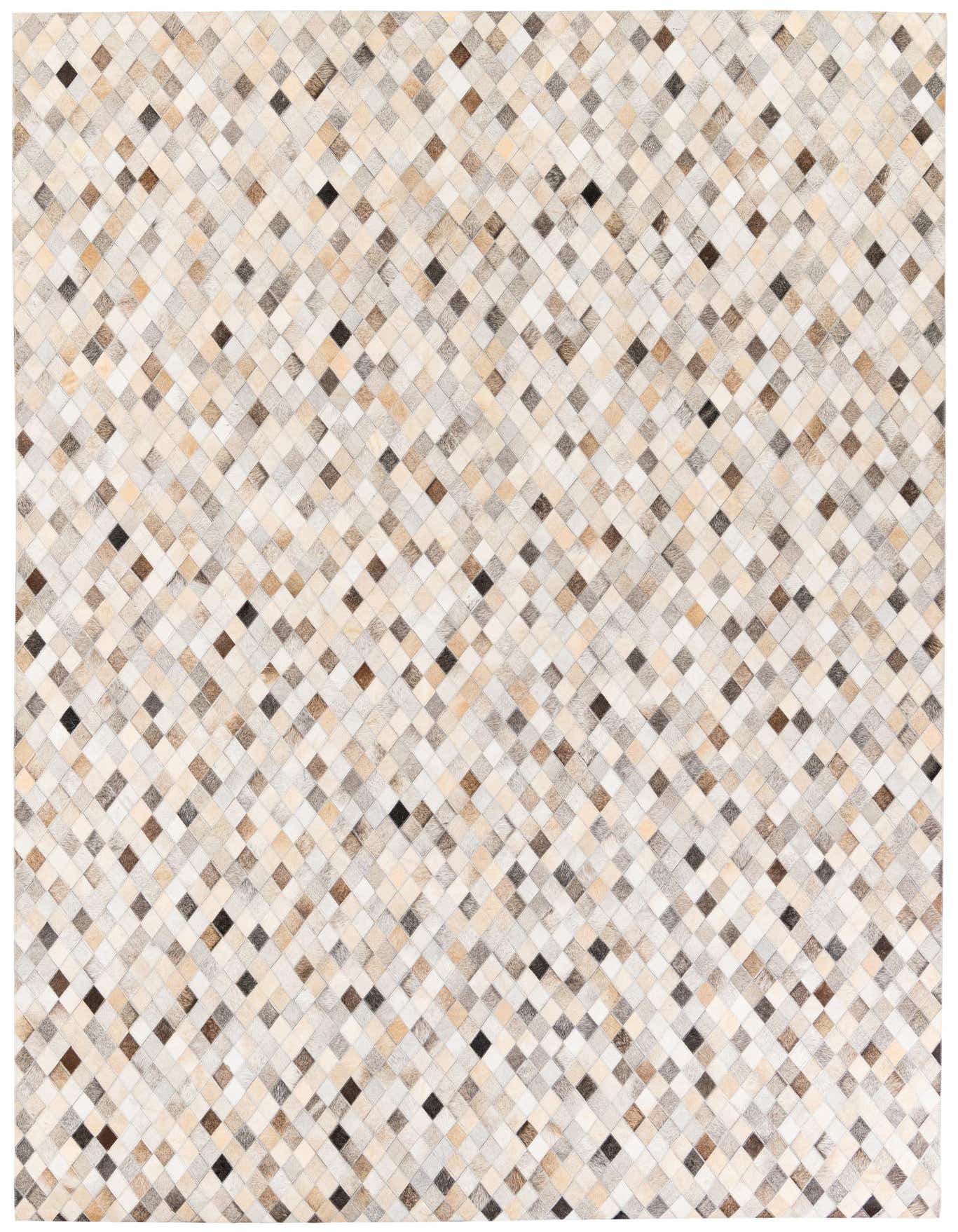 A 7x10 rectangular Cowhide Stocks rug featuring a modern diamond pattern in multi-colored natural cowhide and leather.