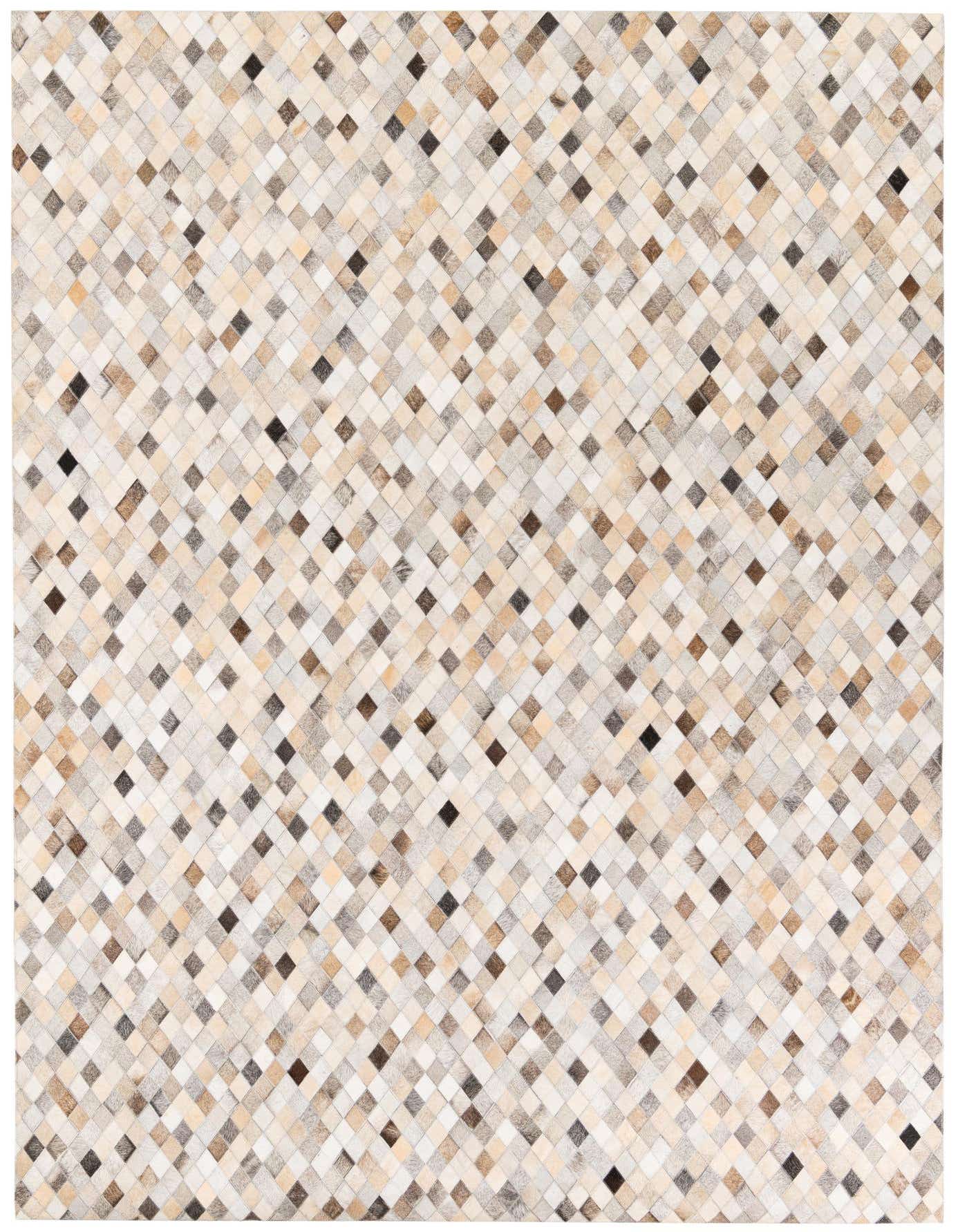 A 7x10 rectangular Cowhide Stocks rug featuring a geometric pattern of multi-colored diamond-shaped patches in various natural brown, beige, and cream tones.