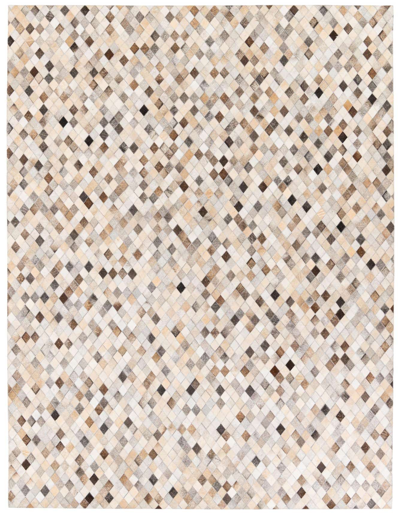 A 7x10 rectangular Cowhide Stocks rug from Rugs.com, featuring a modern multi-colored diamond pattern in various shades of brown, beige, and cream.