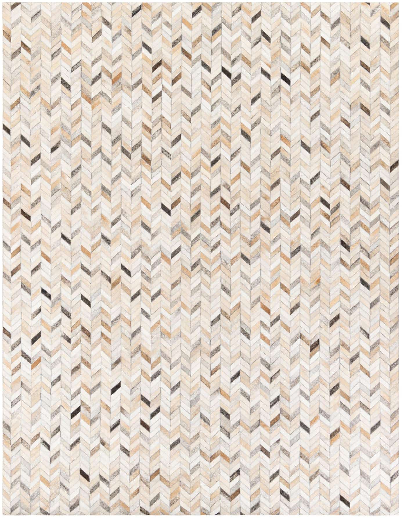 A 7x10 rectangular Cowhide Stocks rug by Rugs.com, featuring a modern chevron pattern in multi-colored natural cowhide and leather, ideal for a living room.