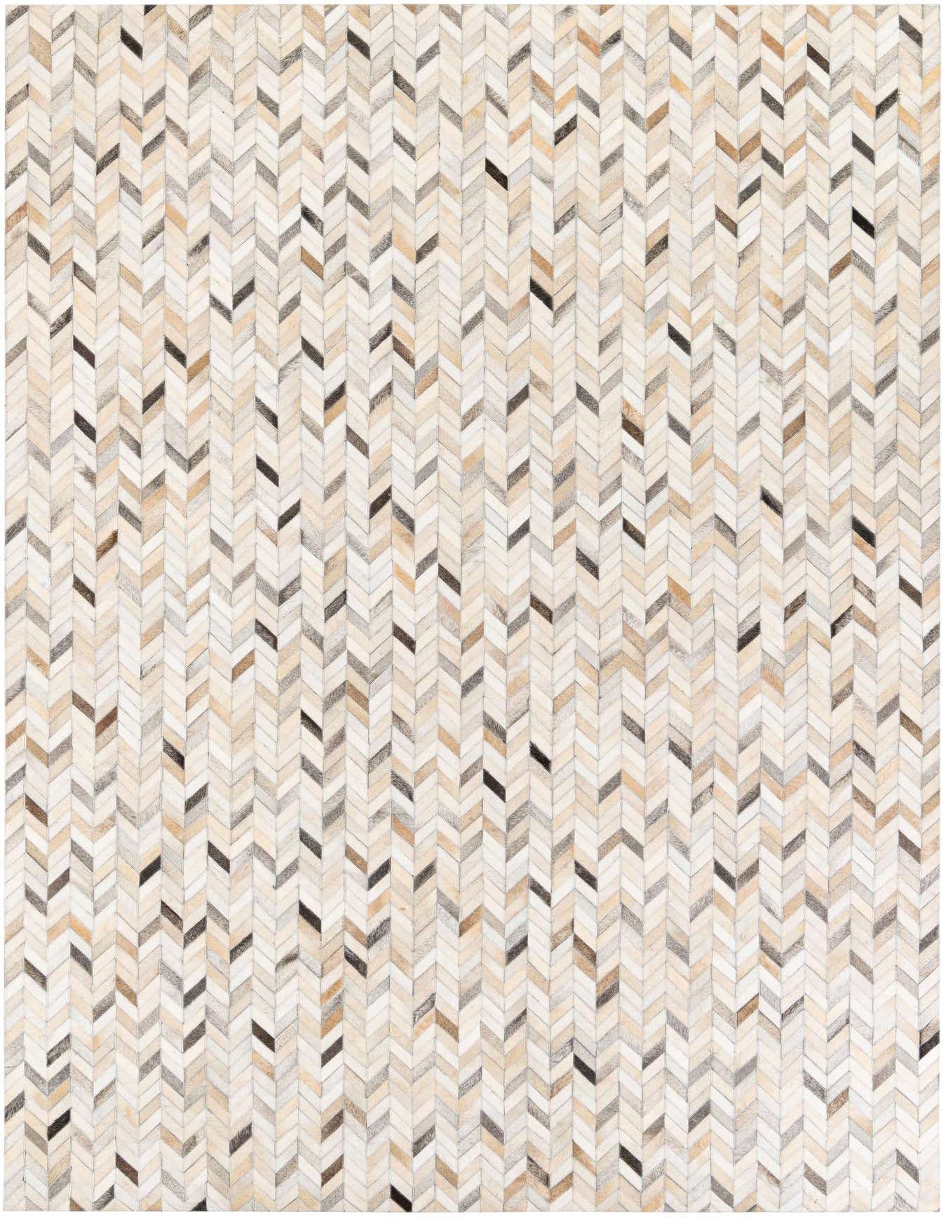 A 7x10 rectangular Cowhide Stocks rug by Rugs.com, featuring a modern multi-colored chevron pattern in natural tones of cream, beige, brown, and grey, ideal for a living room.