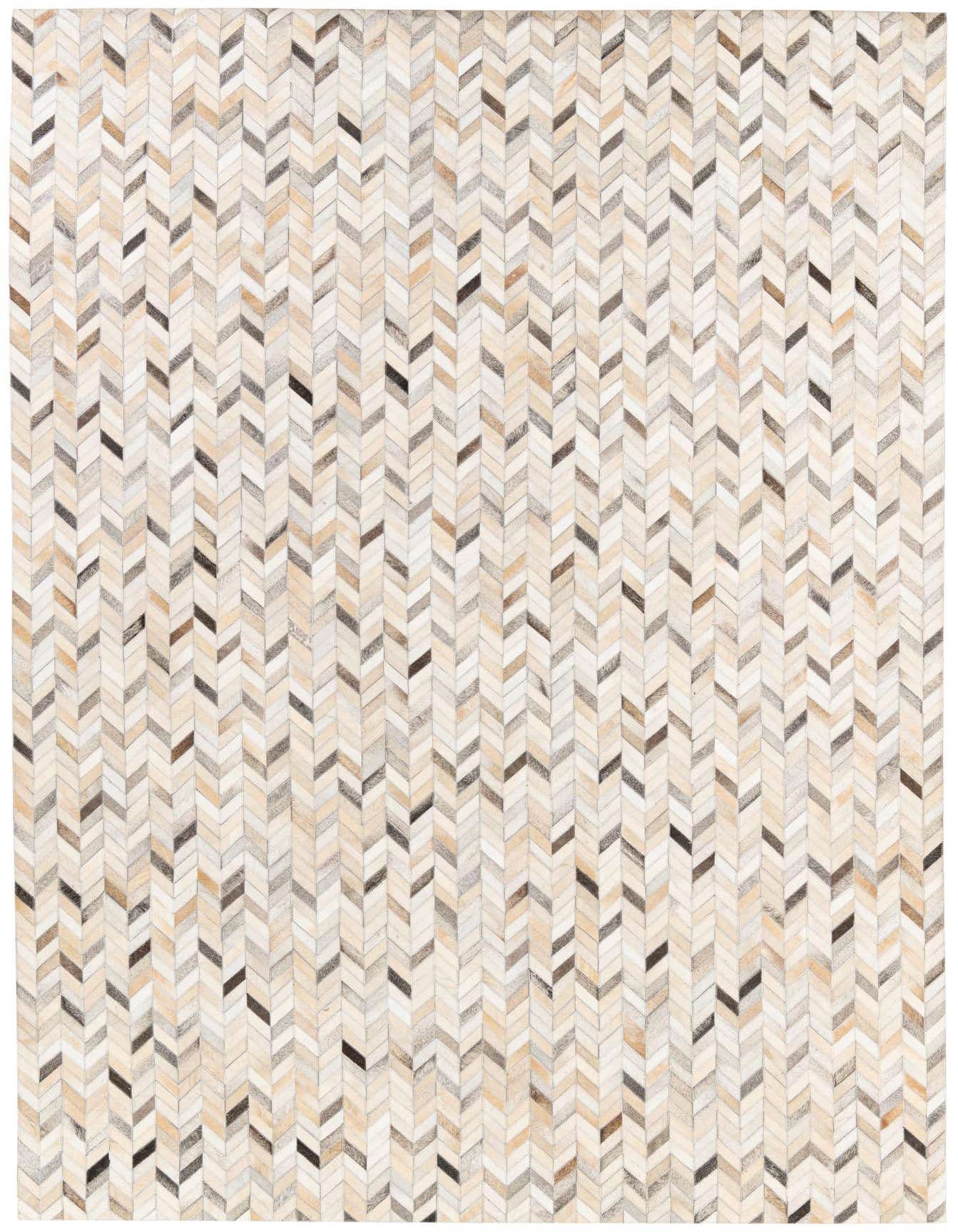 A 7x10 rectangular multi-colored cowhide rug with a modern chevron pattern, featuring shades of beige, brown, and cream.