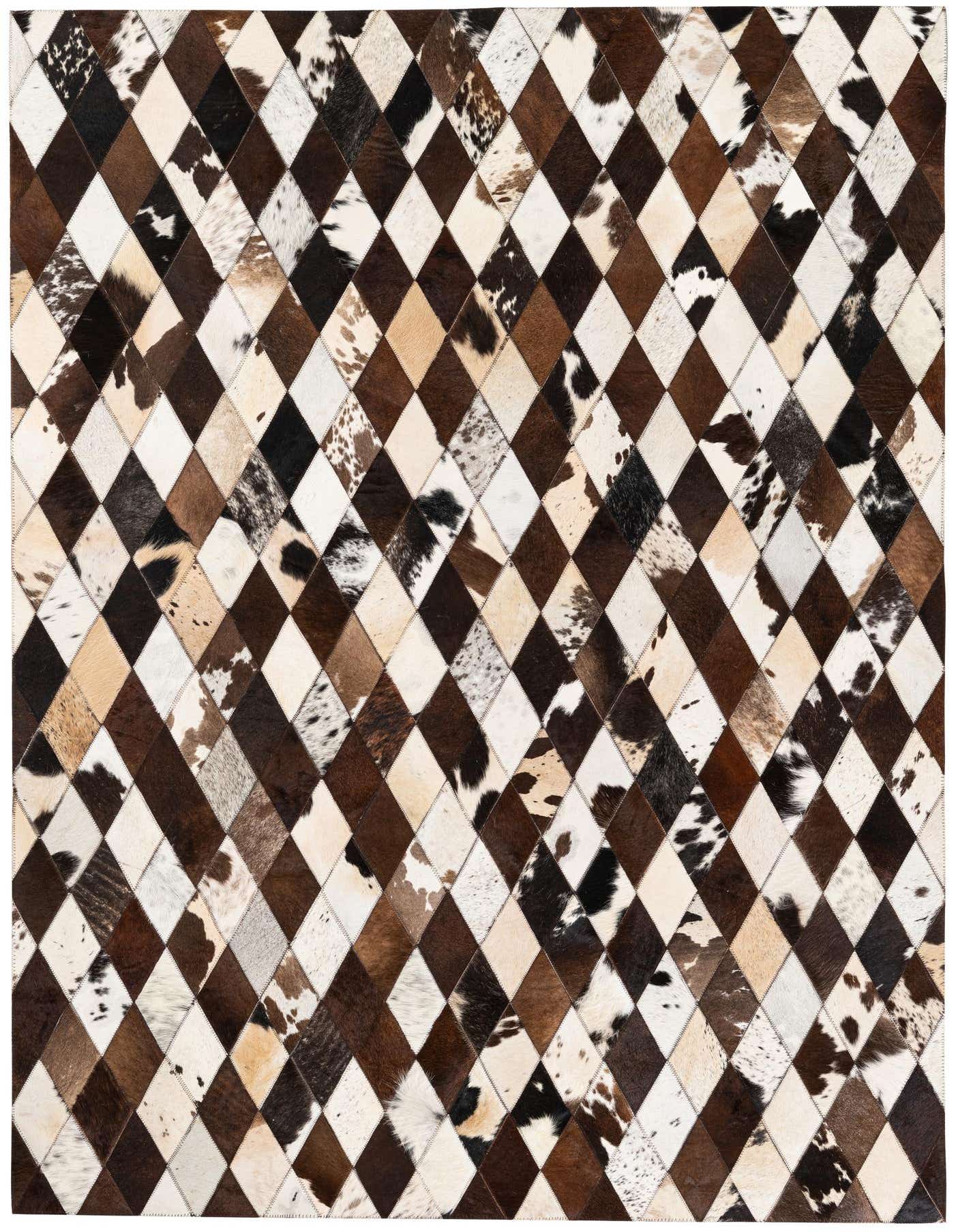 A 5x7 rectangular Cowhide Stocks rug featuring a modern diamond pattern in multi-colored natural cowhide patches.