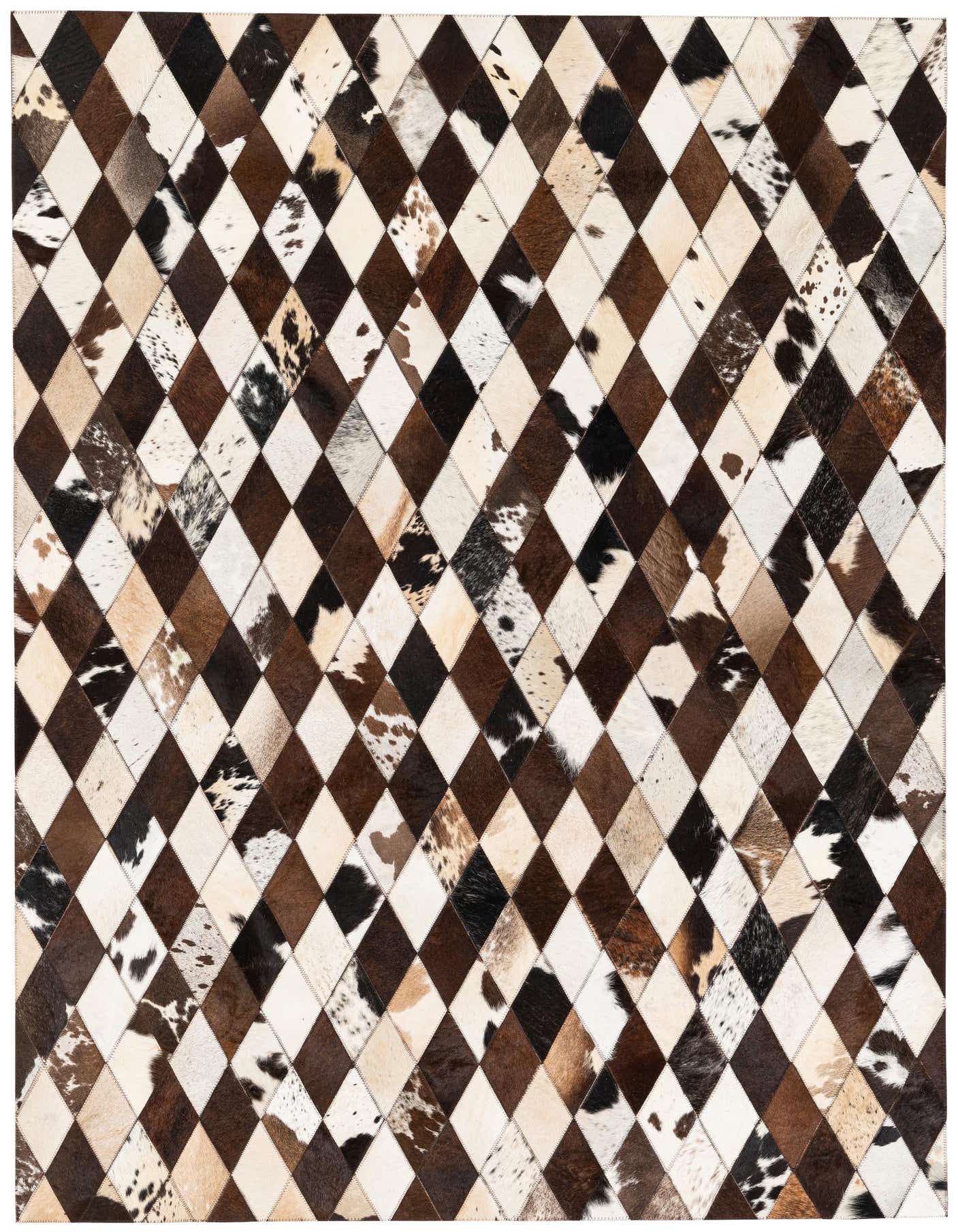 A 5x7 rectangular cowhide rug with a modern harlequin pattern in various shades of brown, black, and white.