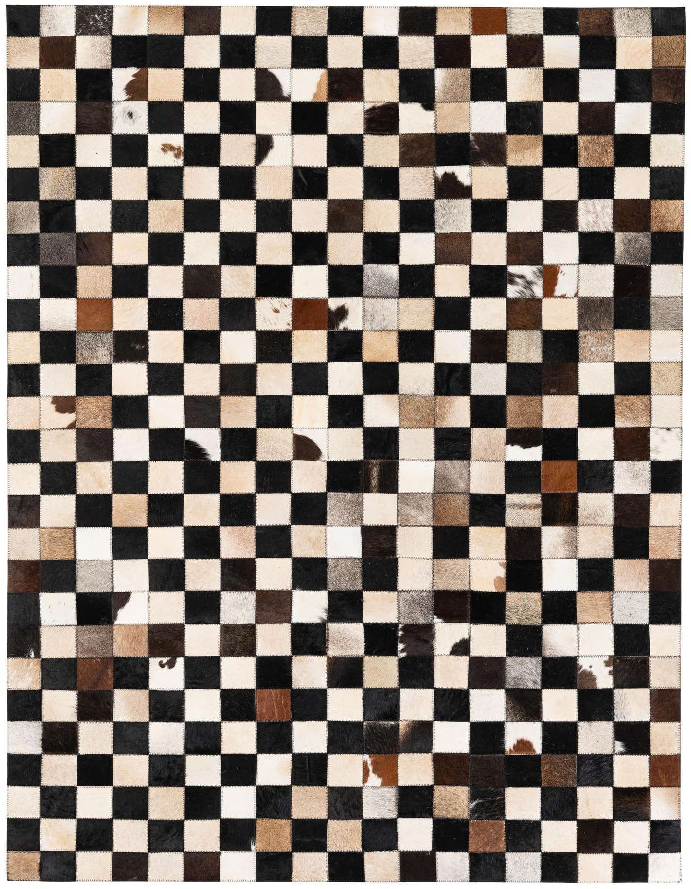A 5x7 rectangular patchwork cowhide rug with a multi-colored geometric checkerboard pattern, suitable for an indoor living space.
