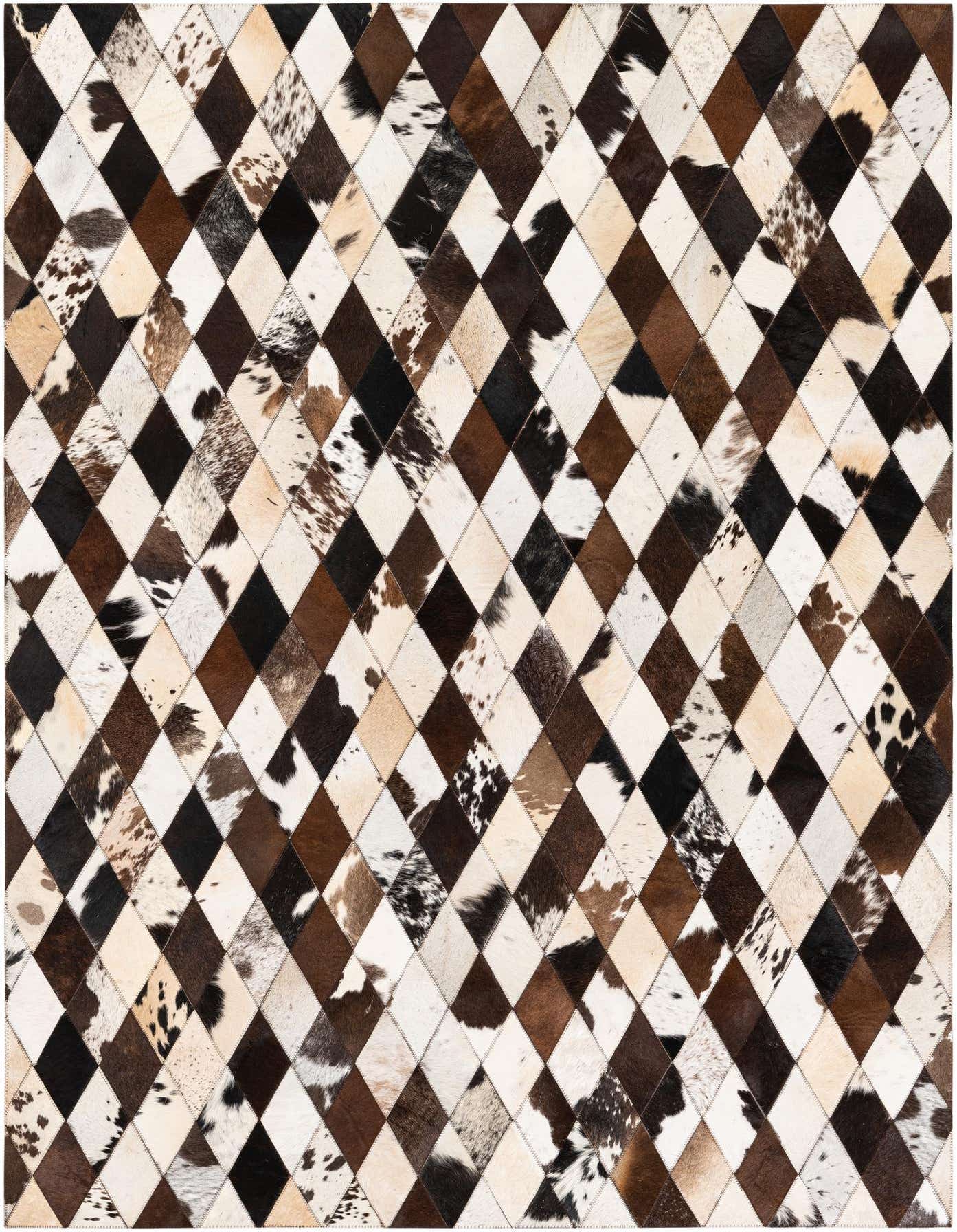 A 5x7 rectangular modern cowhide rug featuring a diamond pattern in multi-colored natural tones of brown, black, and white.
