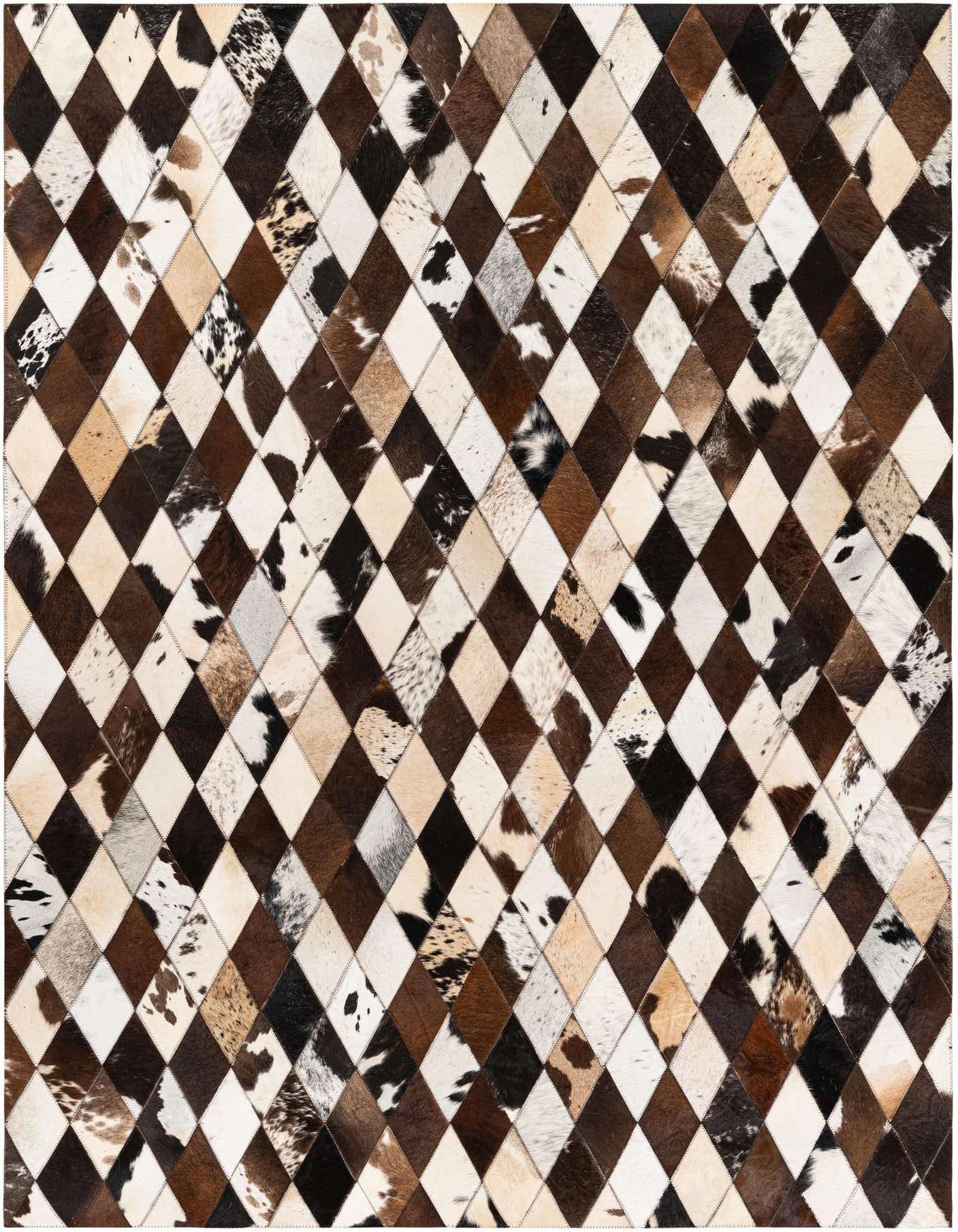 A 5x7 rectangular modern cowhide rug with a multi-colored diamond pattern, featuring shades of brown, black, and white.