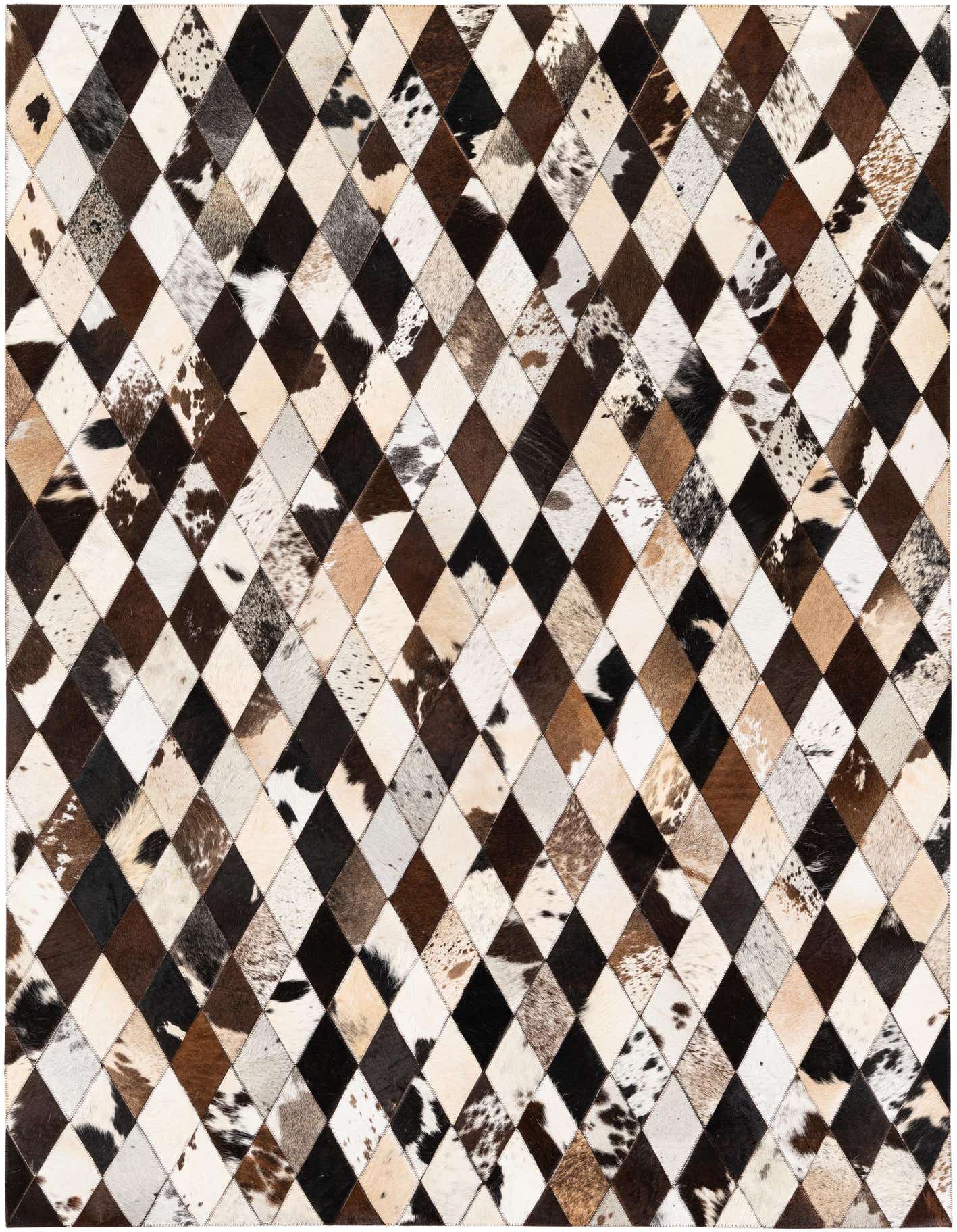 A 5x7 rectangular Cowhide Stocks rug featuring a modern diamond patchwork in multi-colored natural cowhide and leather.
