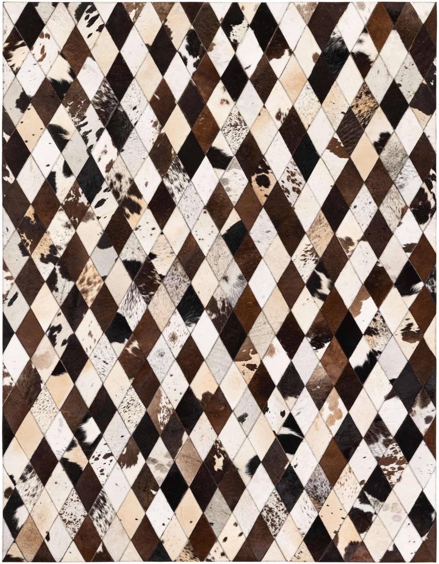 A 5x7 rectangular multi-colored cowhide rug with a modern diamond patchwork pattern in shades of brown, black, and white.