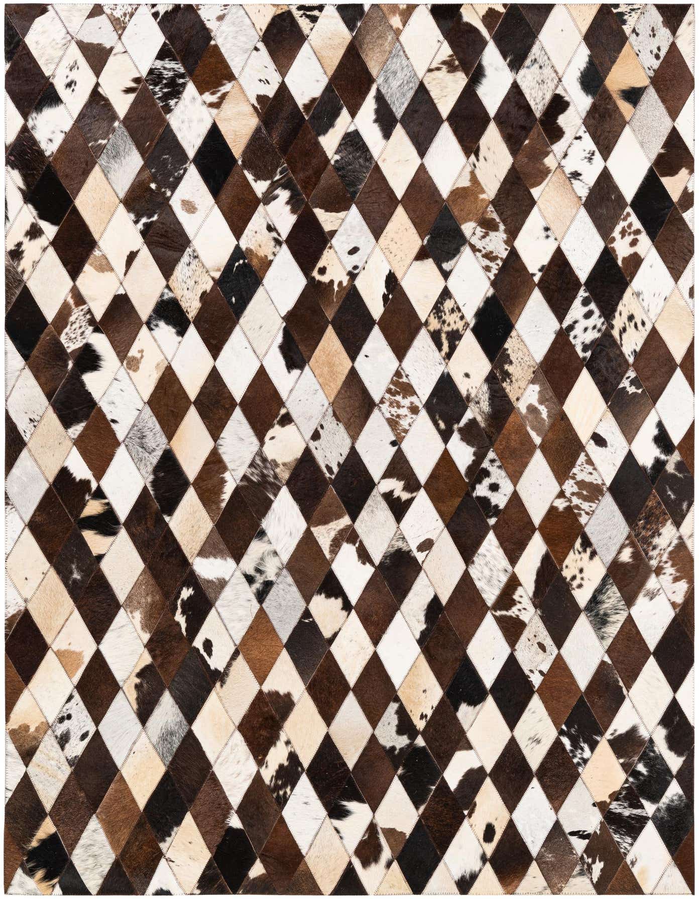 A 5x7 rectangular rug featuring a modern diamond pattern made from multi-colored cowhide and leather patches.