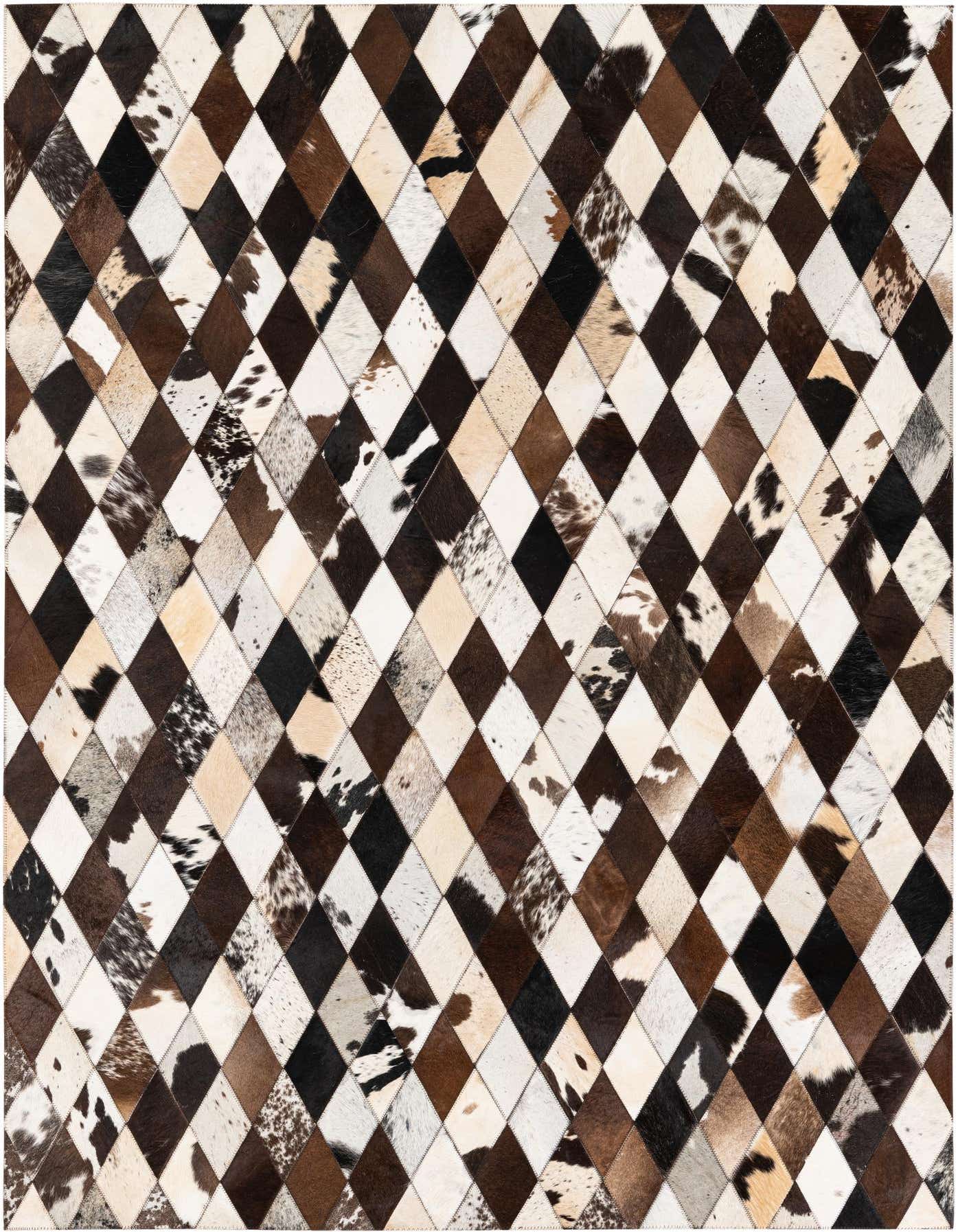 A 5x7 rectangular multi-colored cowhide rug with a modern diamond patchwork pattern in shades of brown, black, and white.