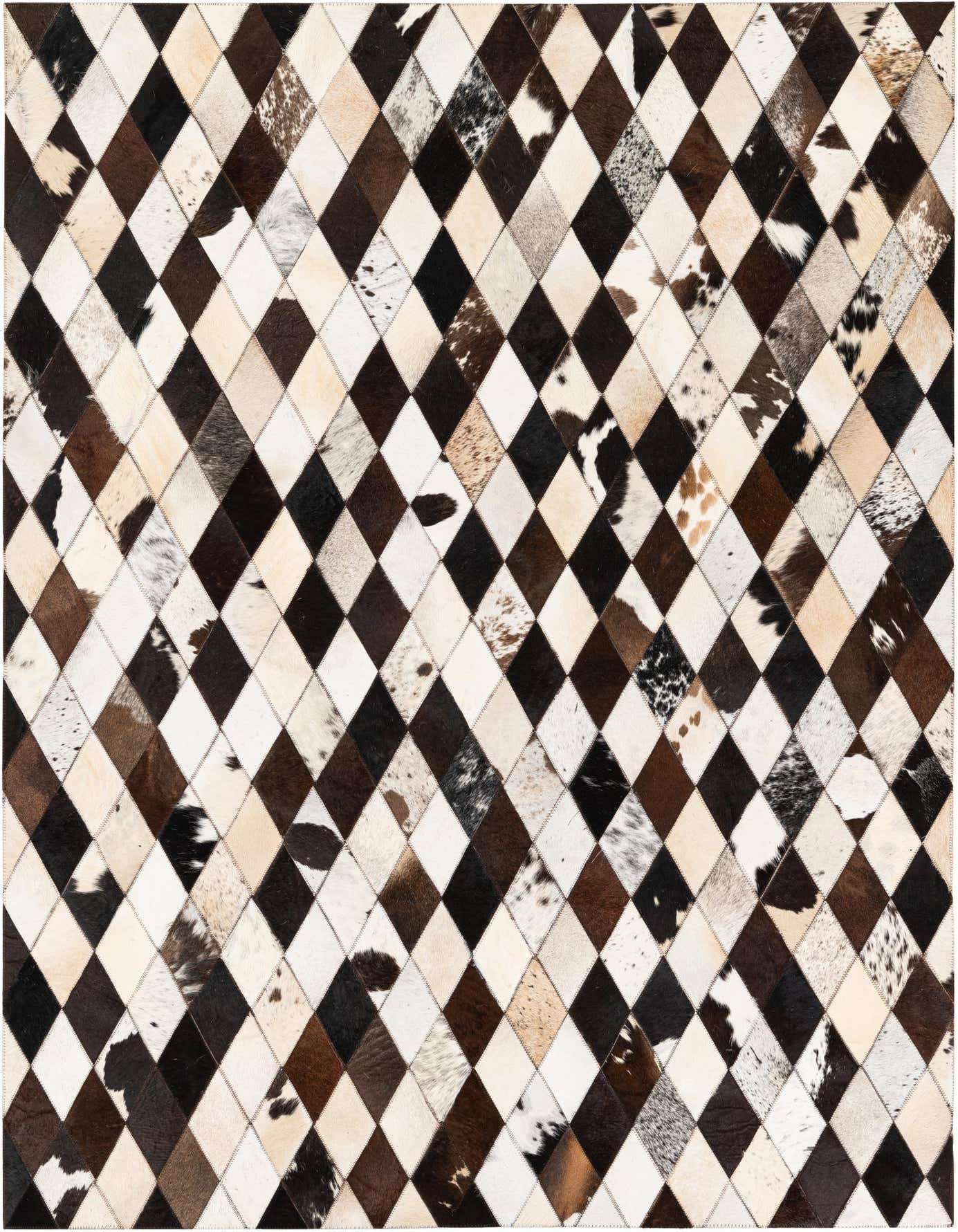 A 5x7 rectangular Cowhide Stocks rug featuring a modern harlequin pattern of multi-colored cowhide and leather diamonds.
