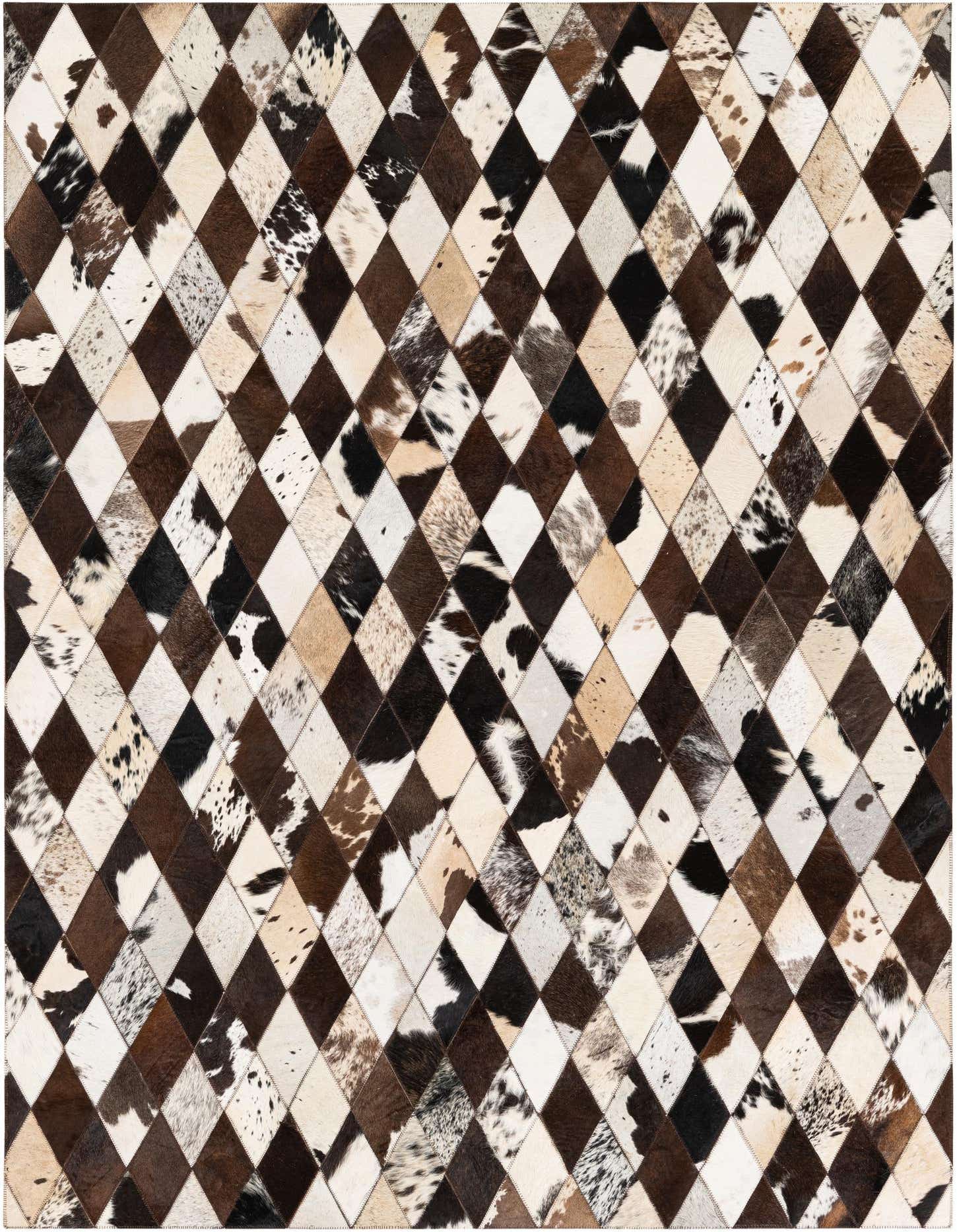 A 5x7 rectangular multi-colored cowhide rug with a modern diamond patchwork pattern in various shades of brown, black, and white.