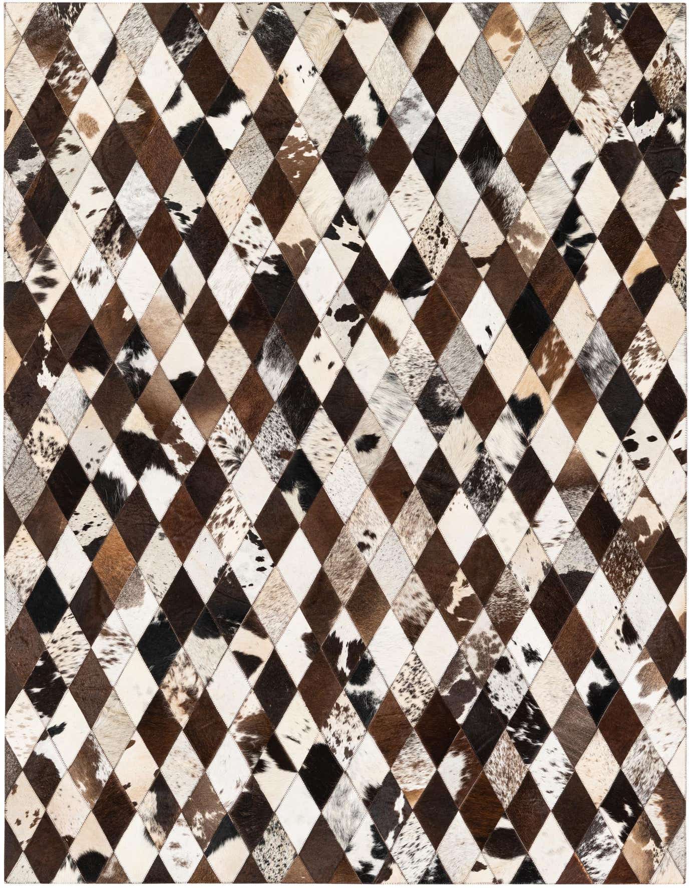 A 5x7 rectangular multi-colored cowhide rug featuring a modern diamond patchwork pattern in various shades of brown, white, and black.