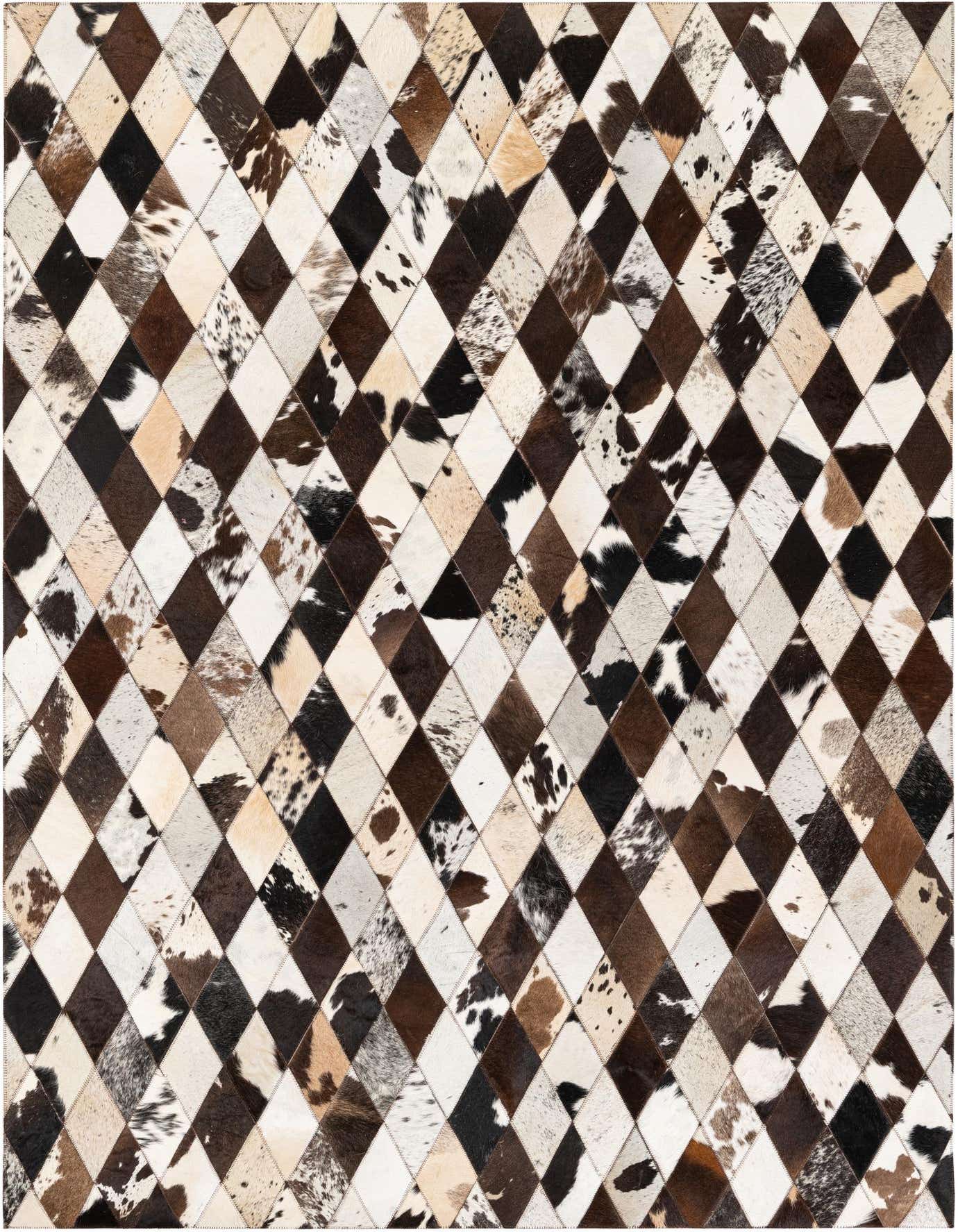A 5x7 rectangular modern cowhide rug featuring a diamond patchwork pattern in various shades of brown, black, and white.