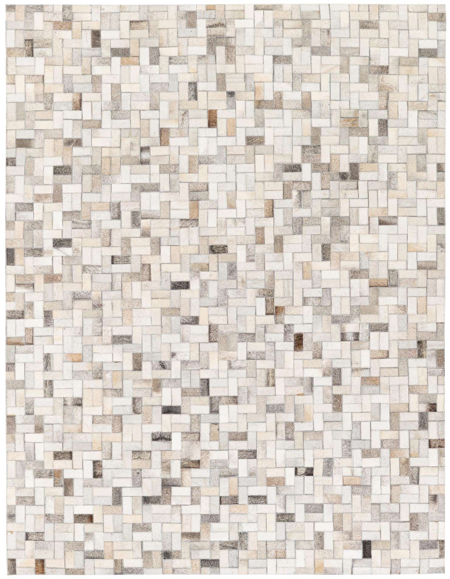 A 5x7 rectangular modern cowhide rug featuring a patchwork of multi-colored natural hide squares and rectangles, perfect for an indoor living space.