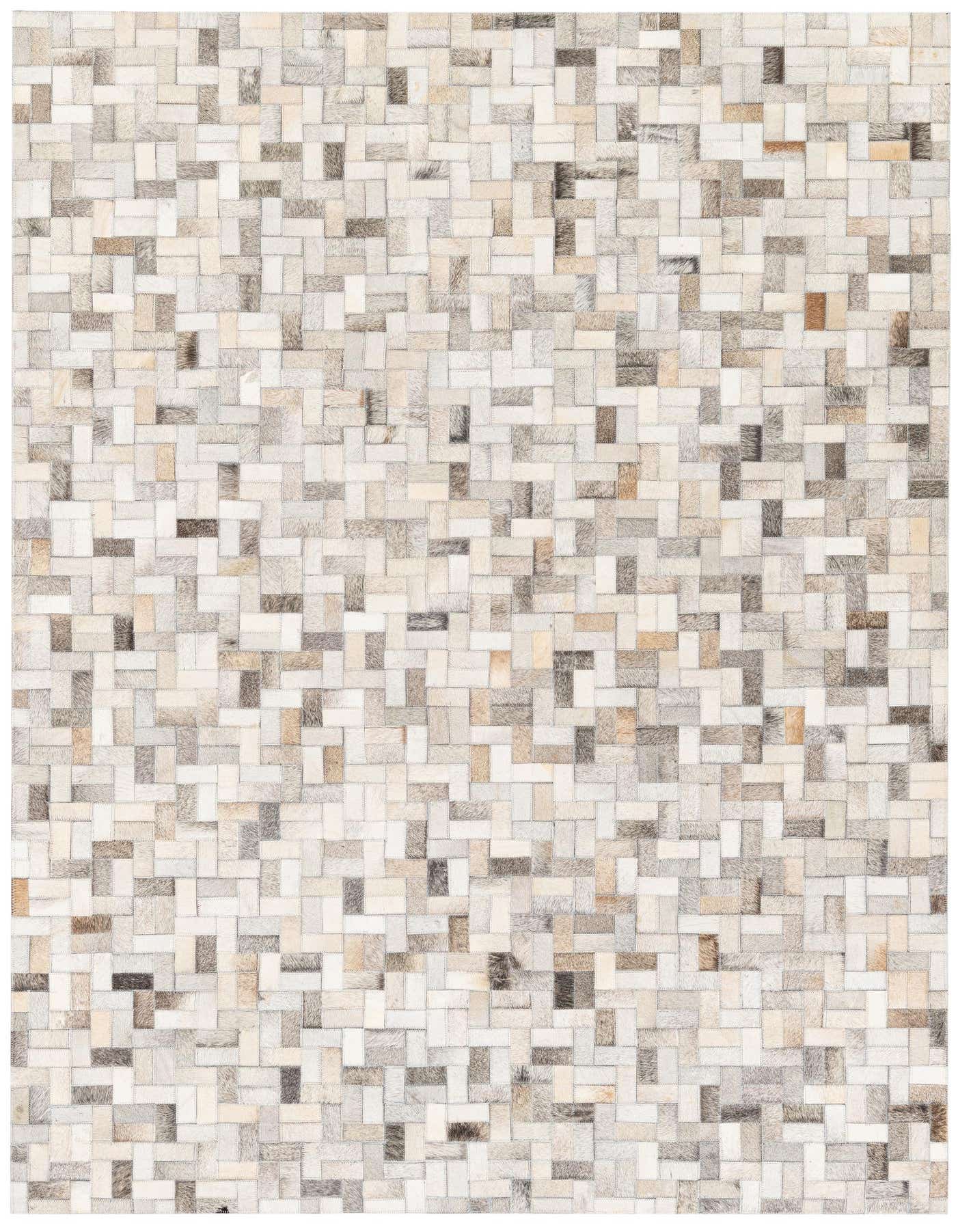 A 5x7 rectangular Cowhide Stocks rug featuring a modern patchwork of multi-colored cowhide and leather squares.