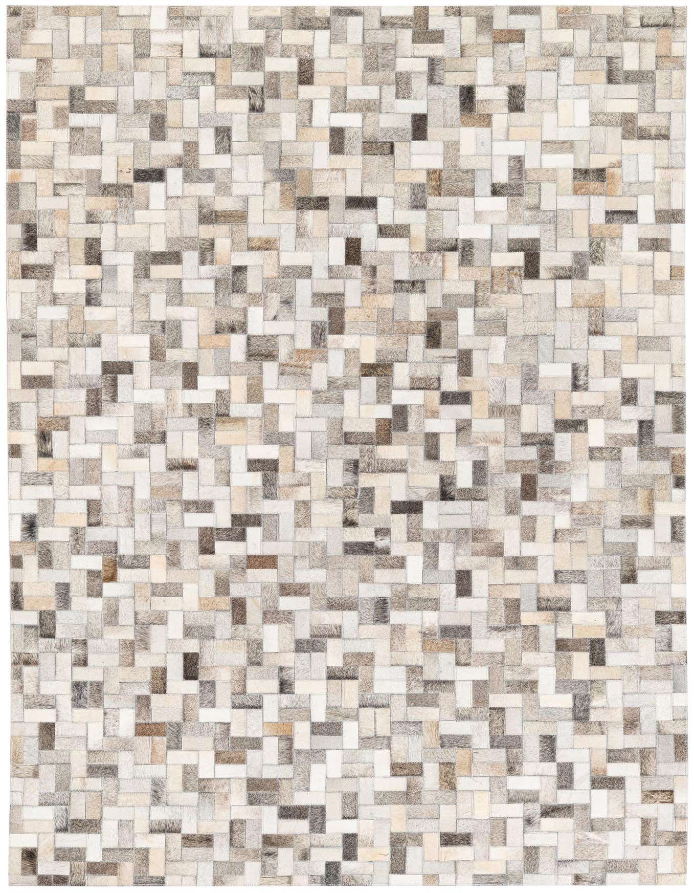 A 4x6 rectangular modern cowhide rug with a multi-colored patchwork pattern in shades of brown, beige, and white.