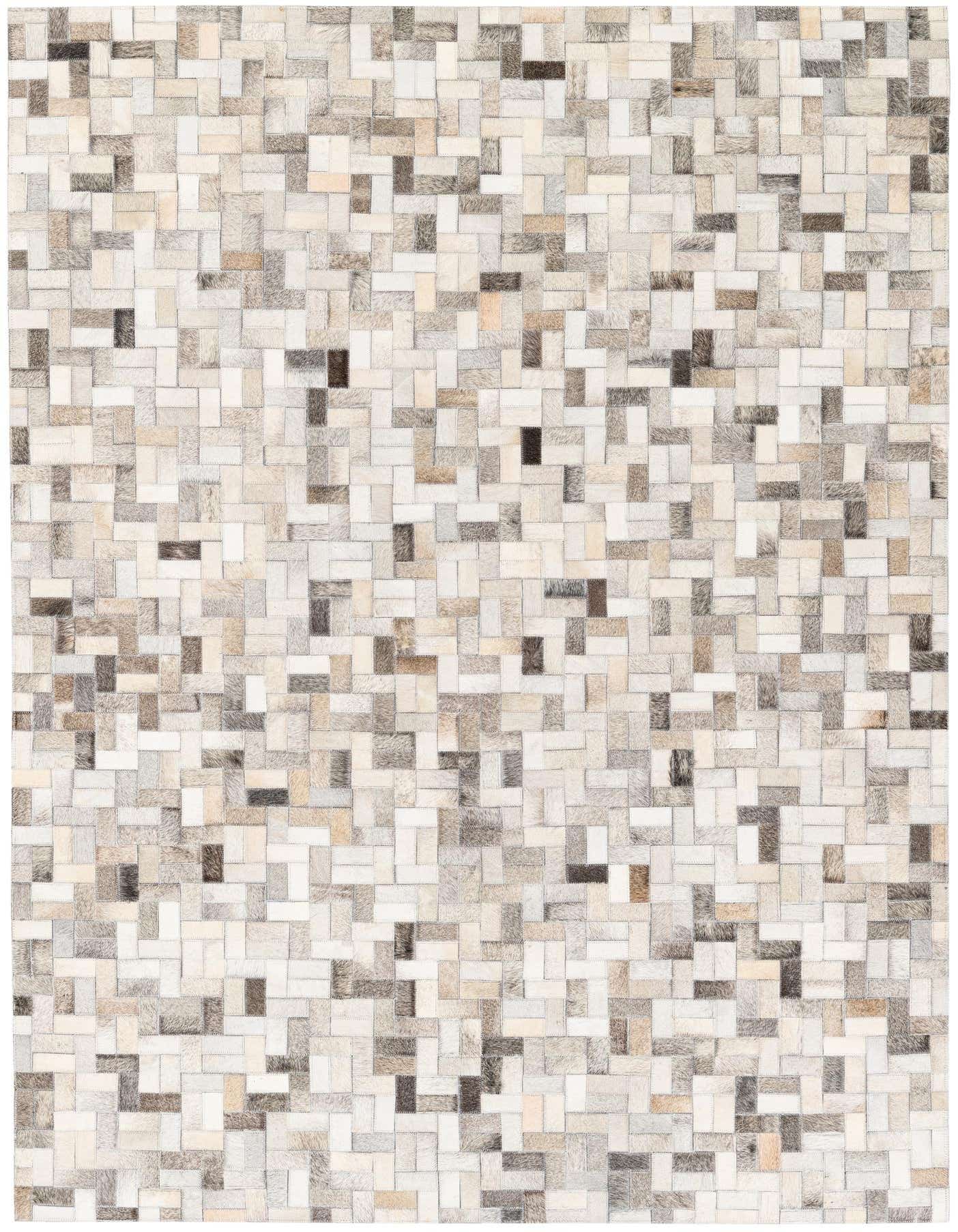 A 5x7 rectangular Cowhide Stocks rug featuring a modern patchwork of multi-colored cowhide and leather squares.