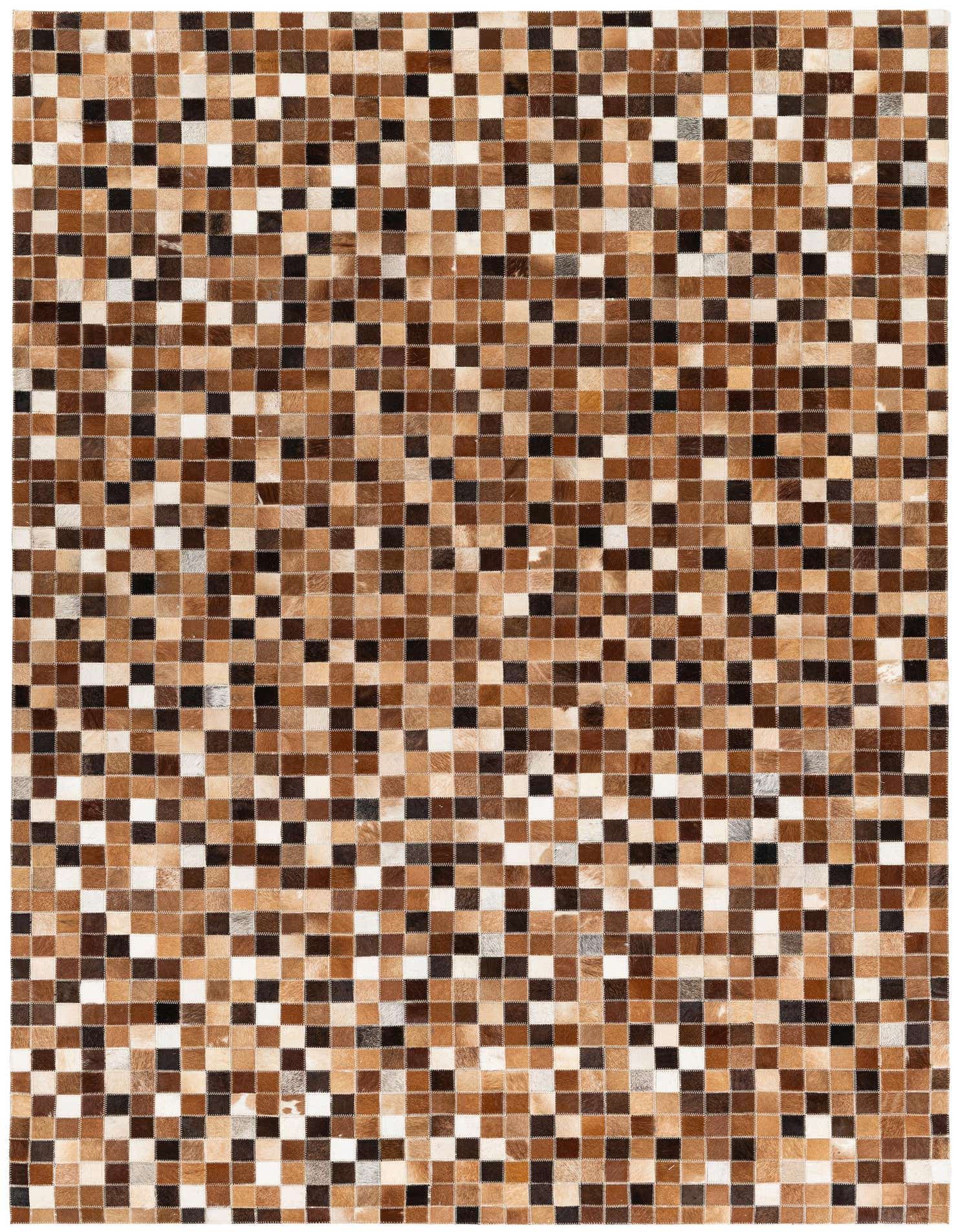 A 5x7 rectangular modern cowhide rug featuring a patchwork of multi-colored squares in various shades of brown, black, and white.