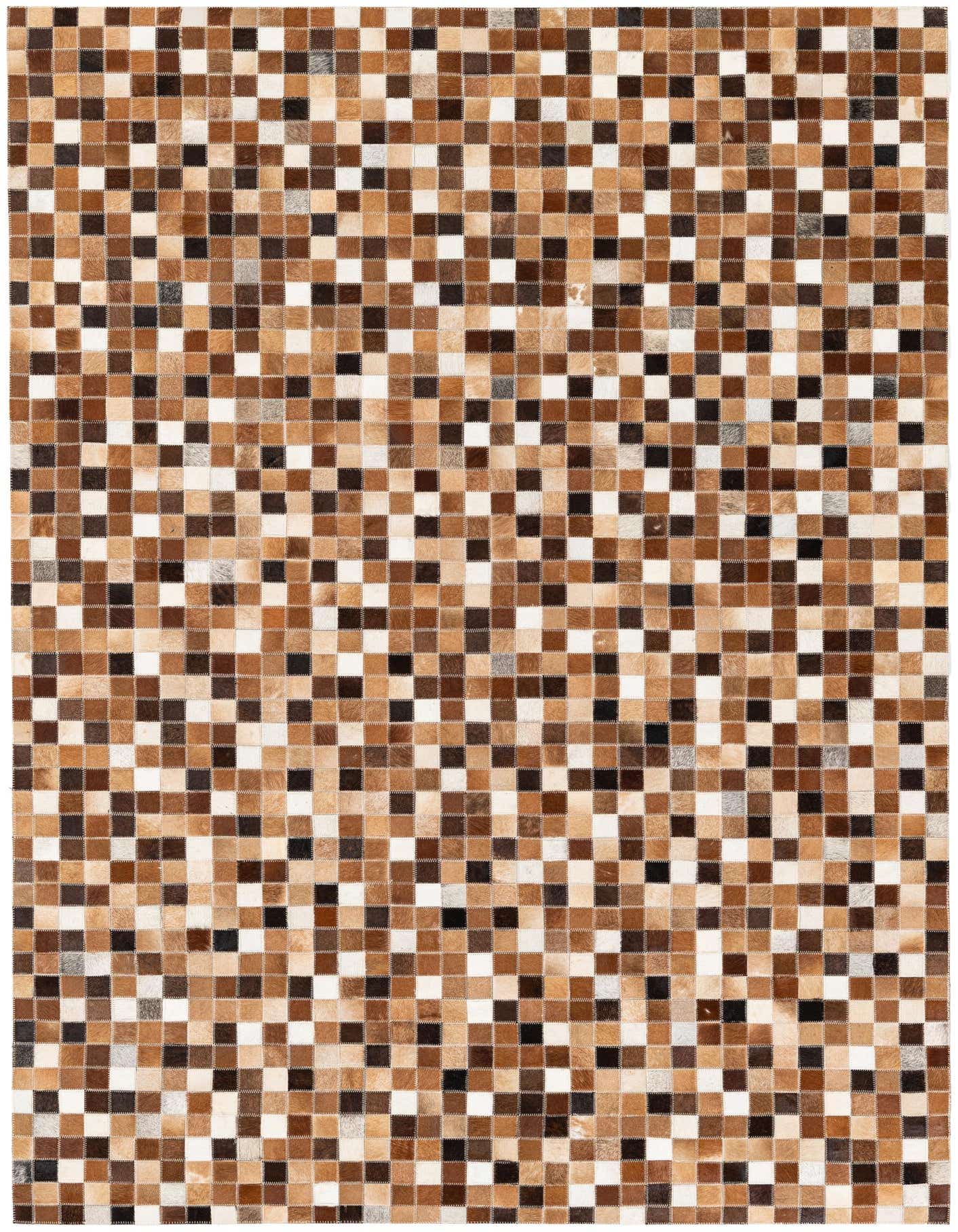 A rectangular 5x7 Cowhide Stocks rug featuring a modern patchwork of multi-colored cowhide squares in various shades of brown, black, and white.