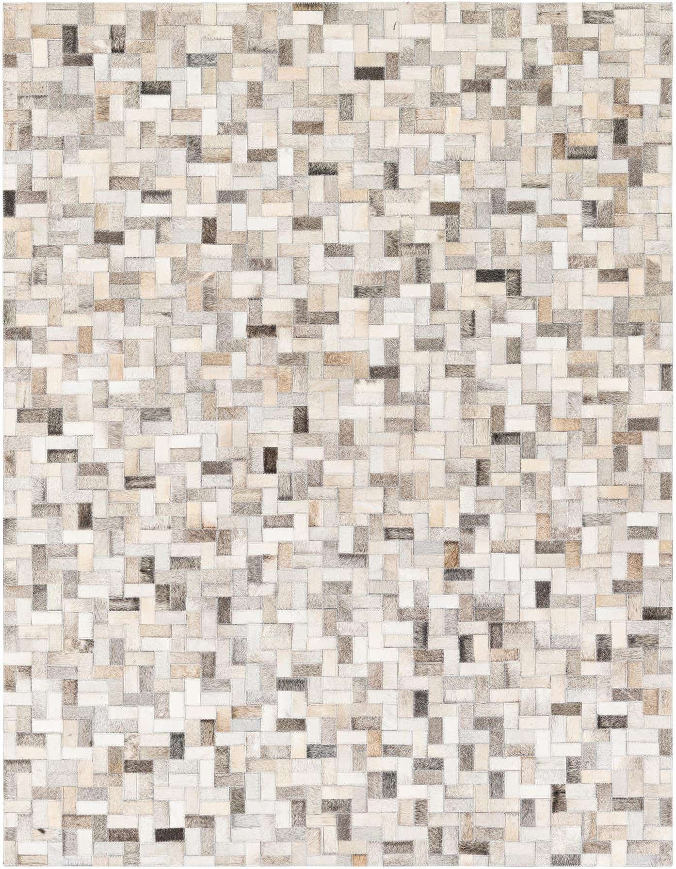 A 5x7 rectangular Cowhide Stocks rug featuring a modern patchwork of multi-colored cowhide and leather squares.