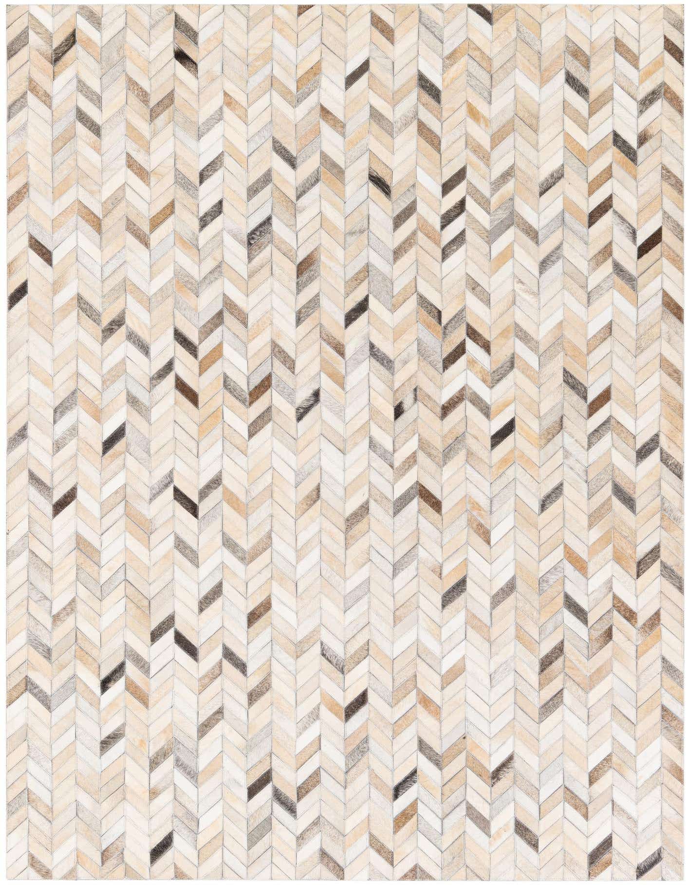 A 5x7 rectangular multi-colored cowhide rug featuring a modern chevron pattern in various natural brown, beige, and cream tones.